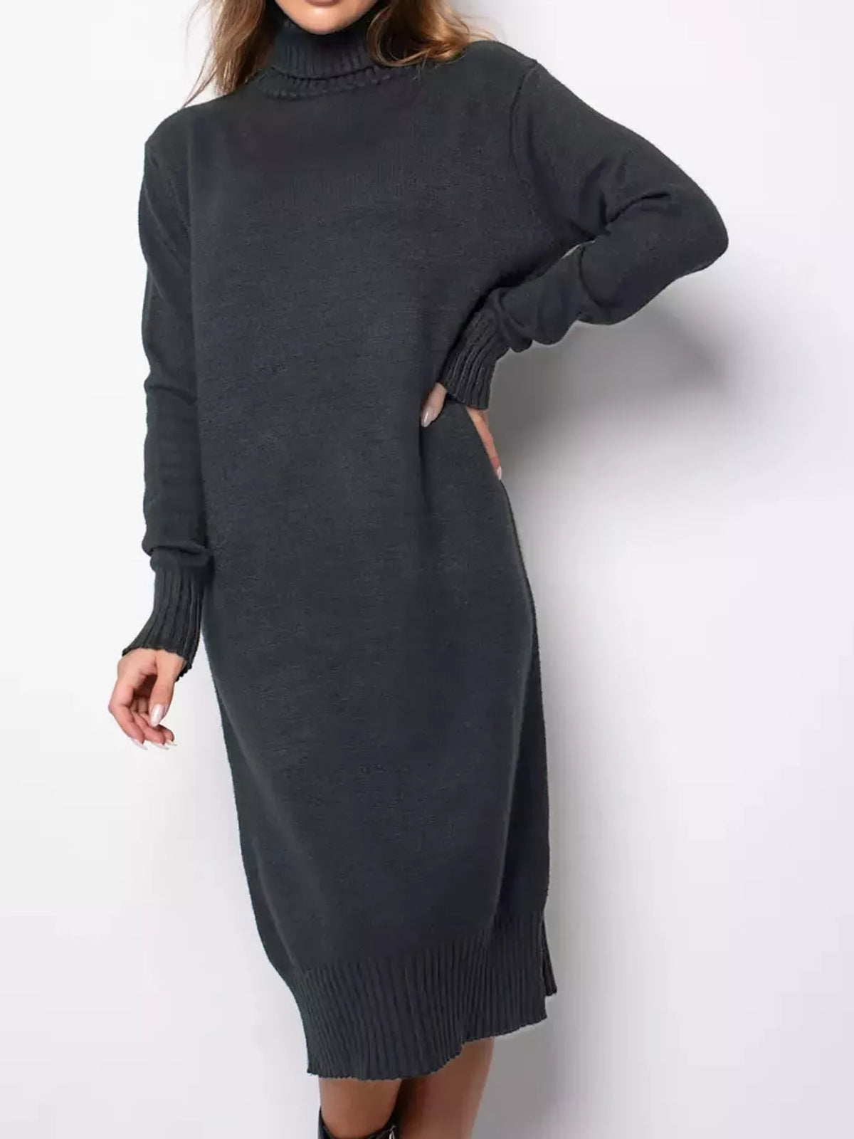 turtleneck ribbed knit sweater dress | dropsona - neutral - size reference