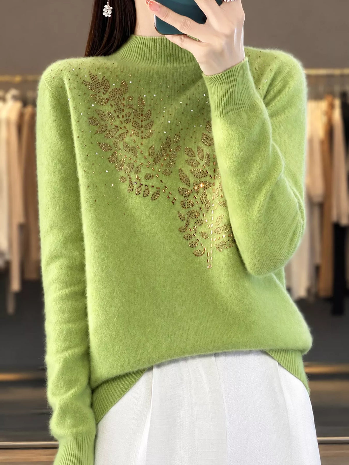 rhinestone leaf mock neck sweater | dropsona polyester - neutral - close-up detail