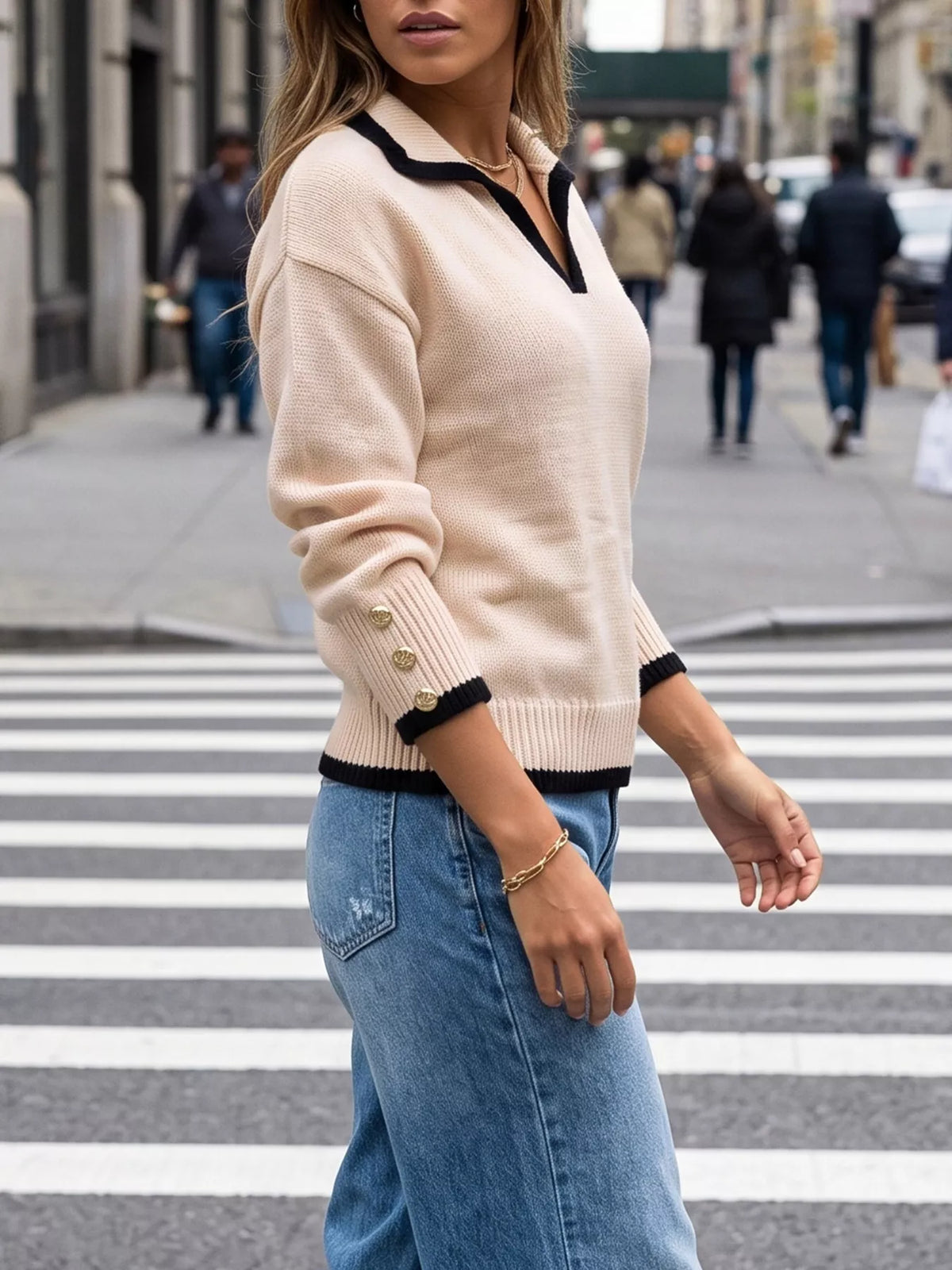 contrast trim polo collar sweater | dropsona - neutral - packaging