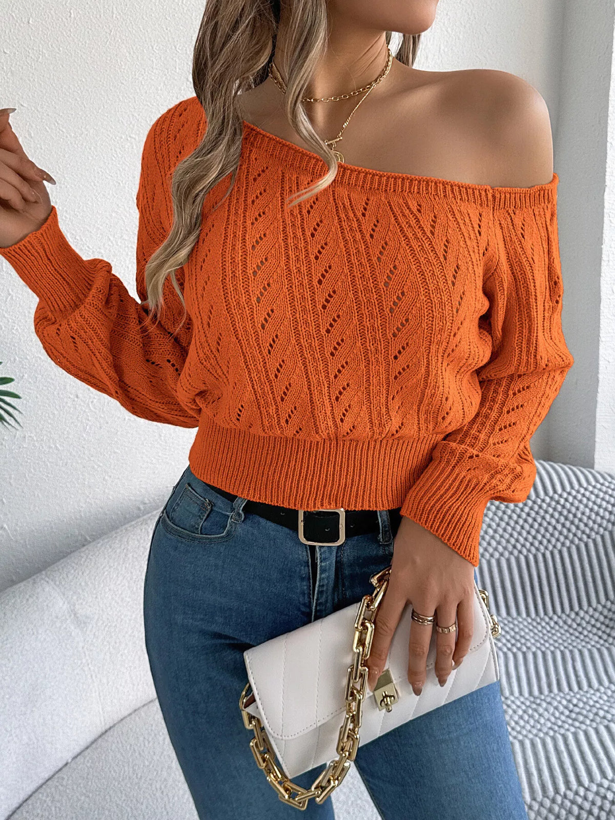 openwork one shoulder sweater – ribbed,openwork | dropsona - neutral - front view