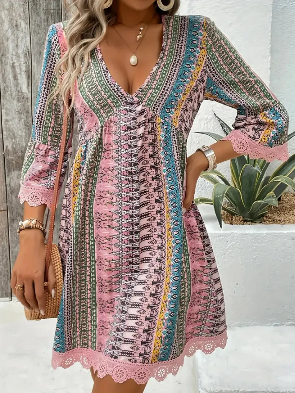 lace trim printed v-neck 3/4 sleeve dress - front view