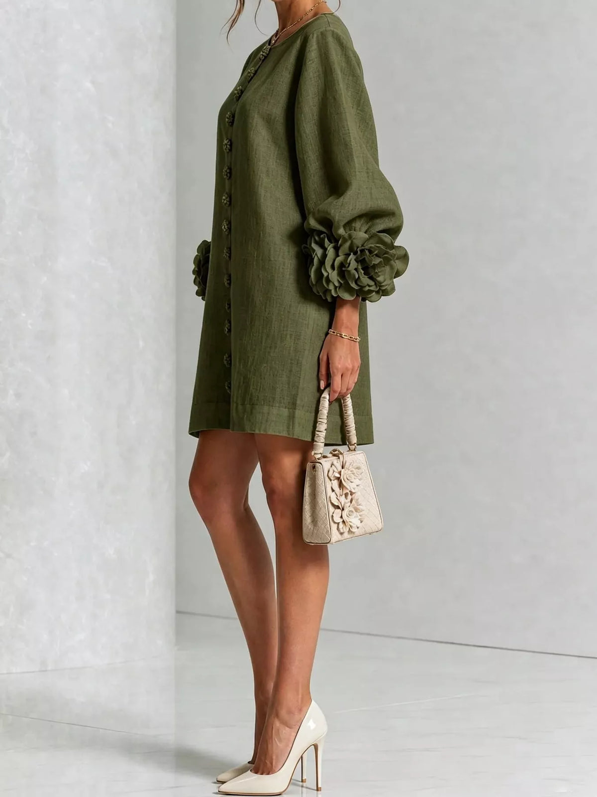full size 3d floral sleeve accents mini dress plus | dropsona - neutral - material texture