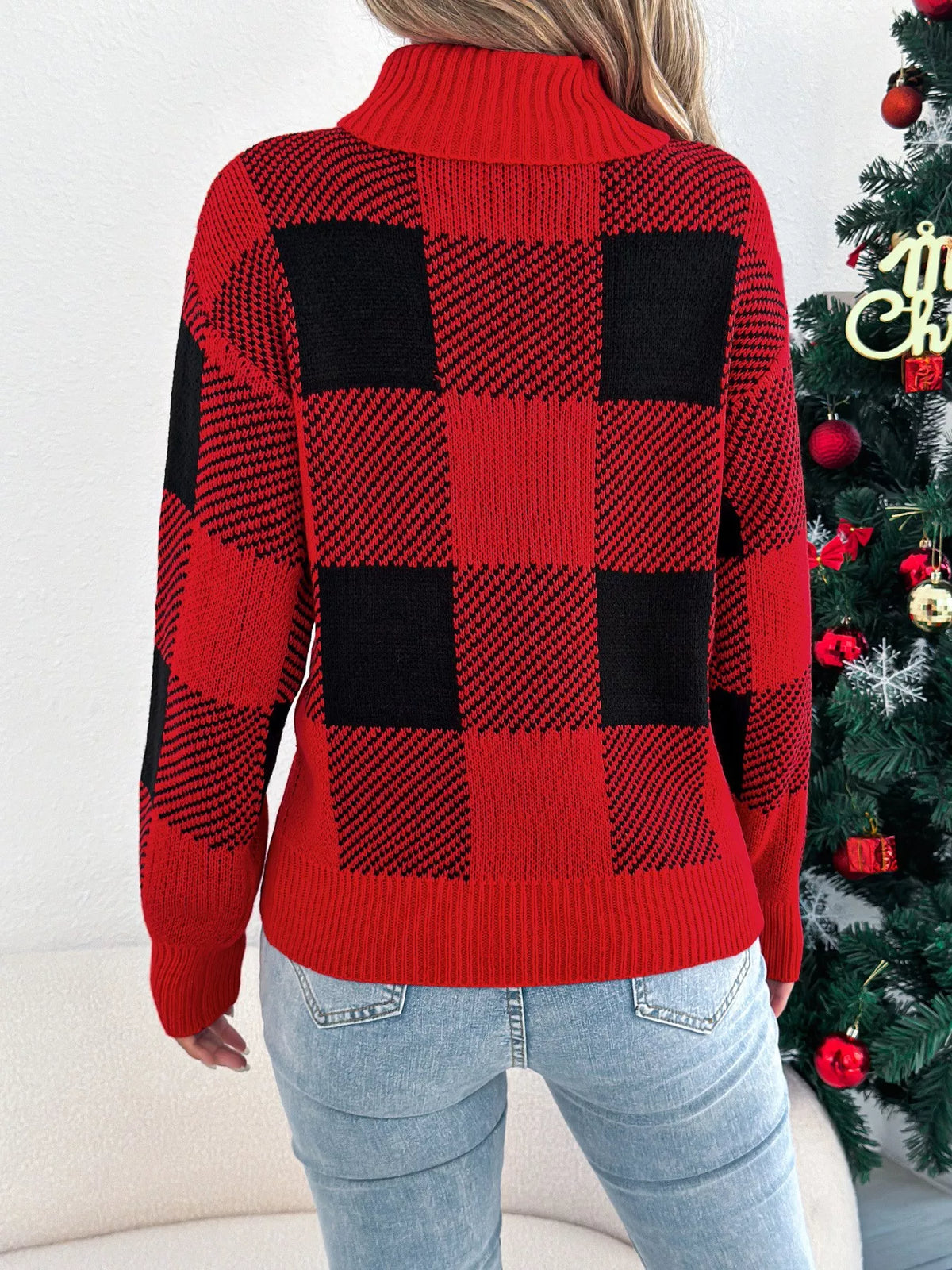 christmas plaid long sleeve turtleneck sweater | dropsona - neutral - front view