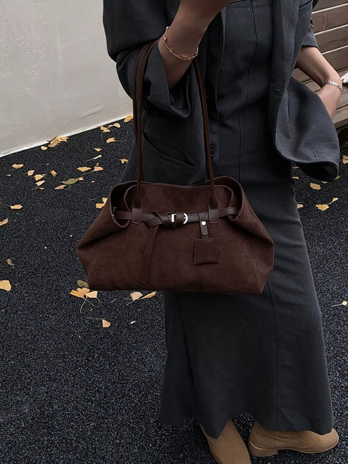 buckle detail shoulder bag – stylish sling | dropsona - neutral - close-up detail