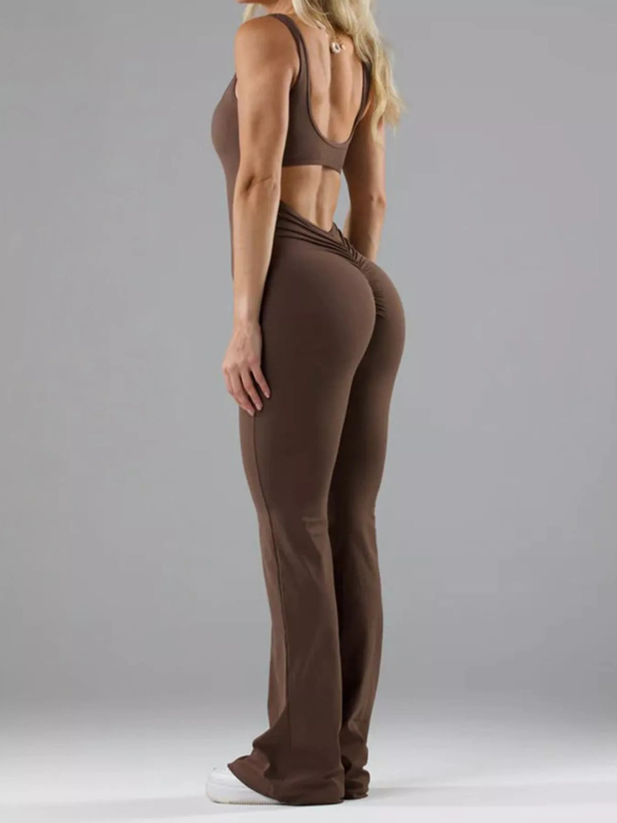 seamless scoop neck active jumpsuit with flared leg | dropsona - neutral - usage example