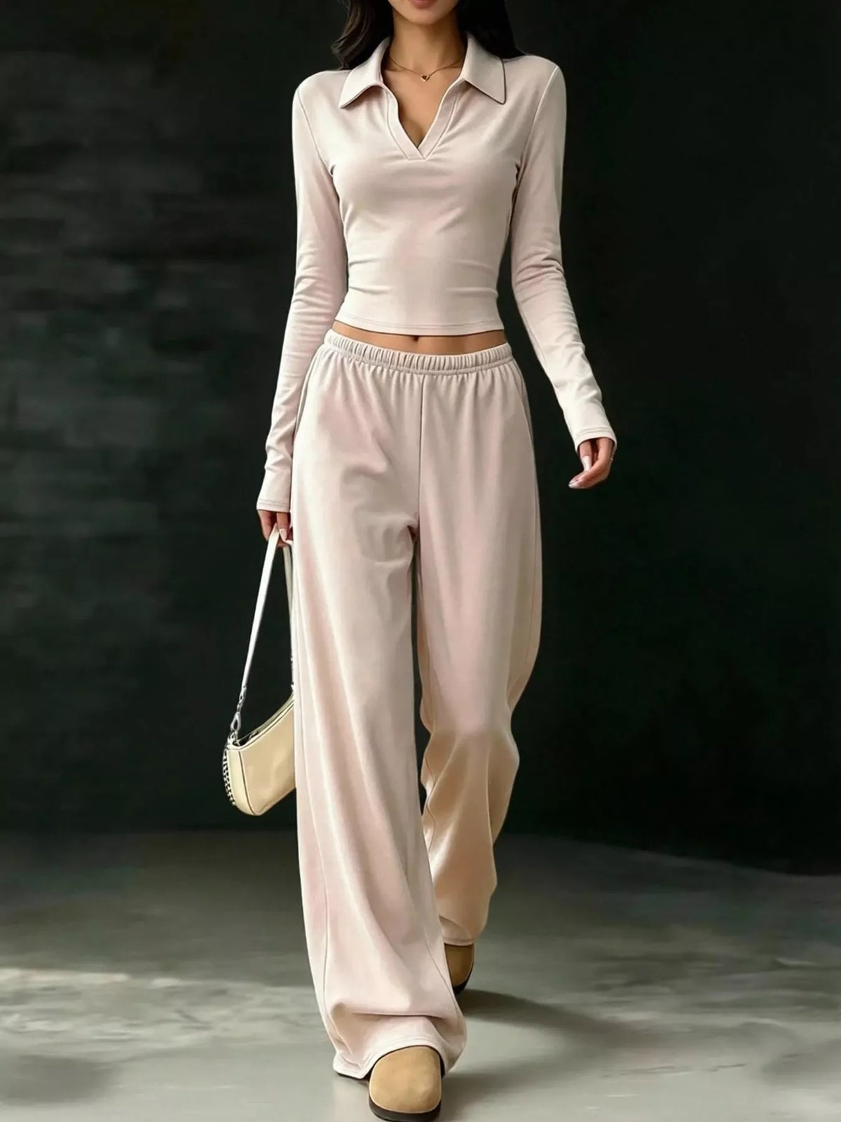 long-sleeve polo top and wide-leg pants set | dropsona - neutral - close-up detail