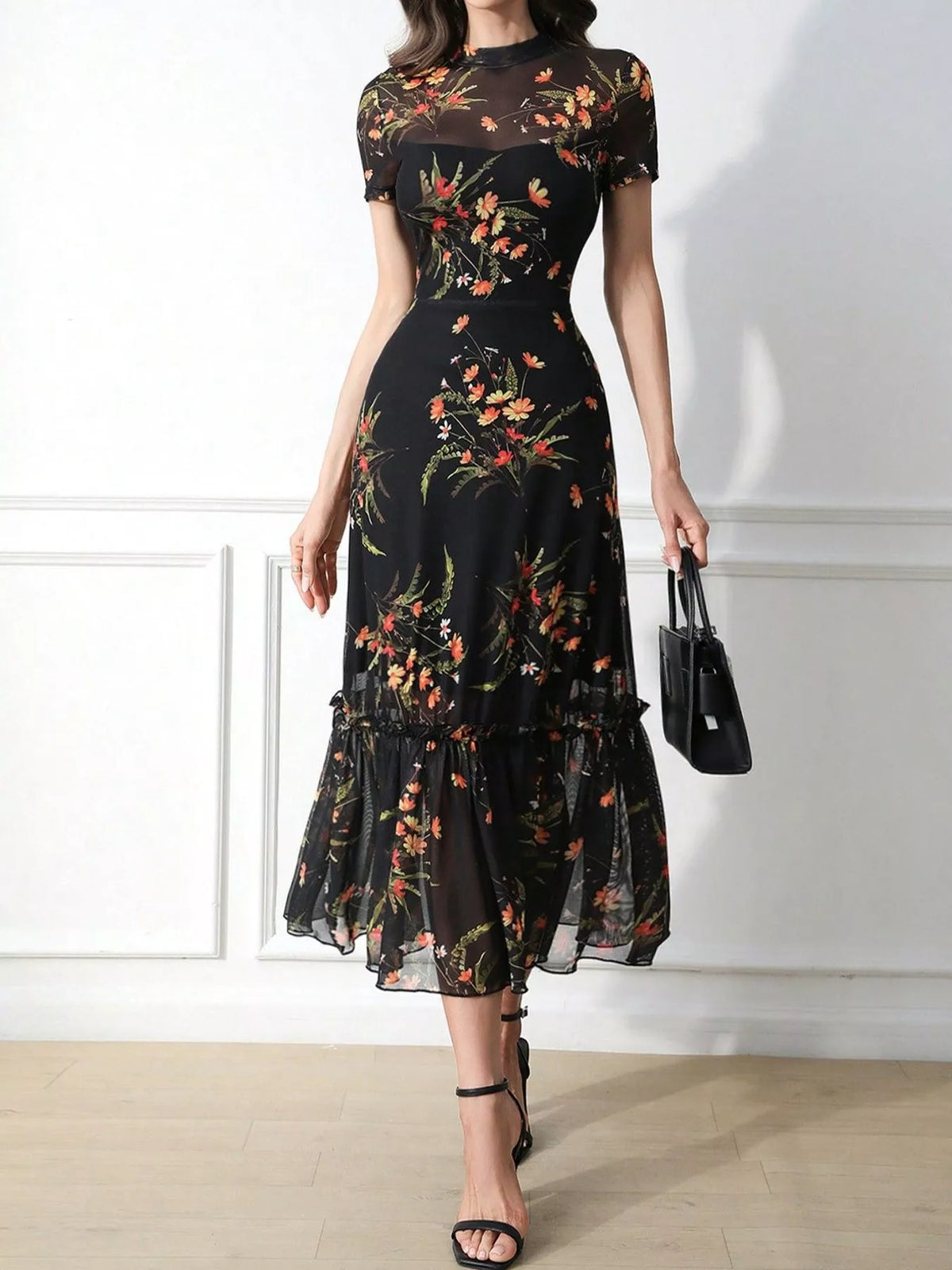 floral print sheer overlay midi dress with ruffle hem | dropsona - neutral - close-up detail