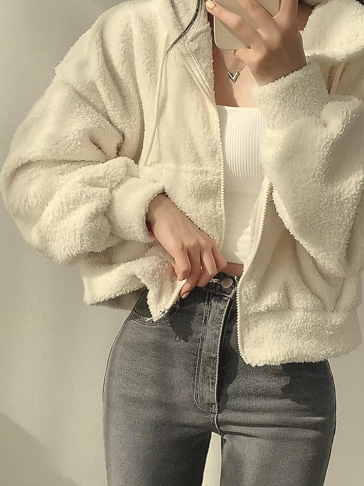oversized sherpa zip-up hoodie | dropsona - neutral - size reference