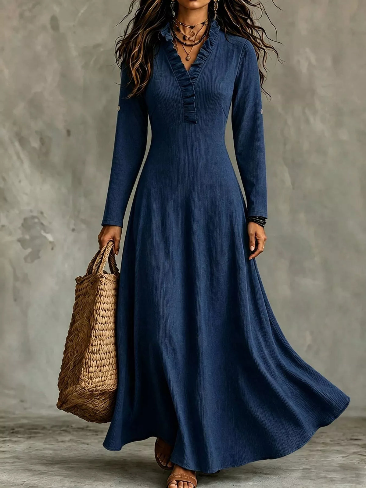 full size frill v-neck long sleeve maxi dress plus | dropsona - neutral - size reference