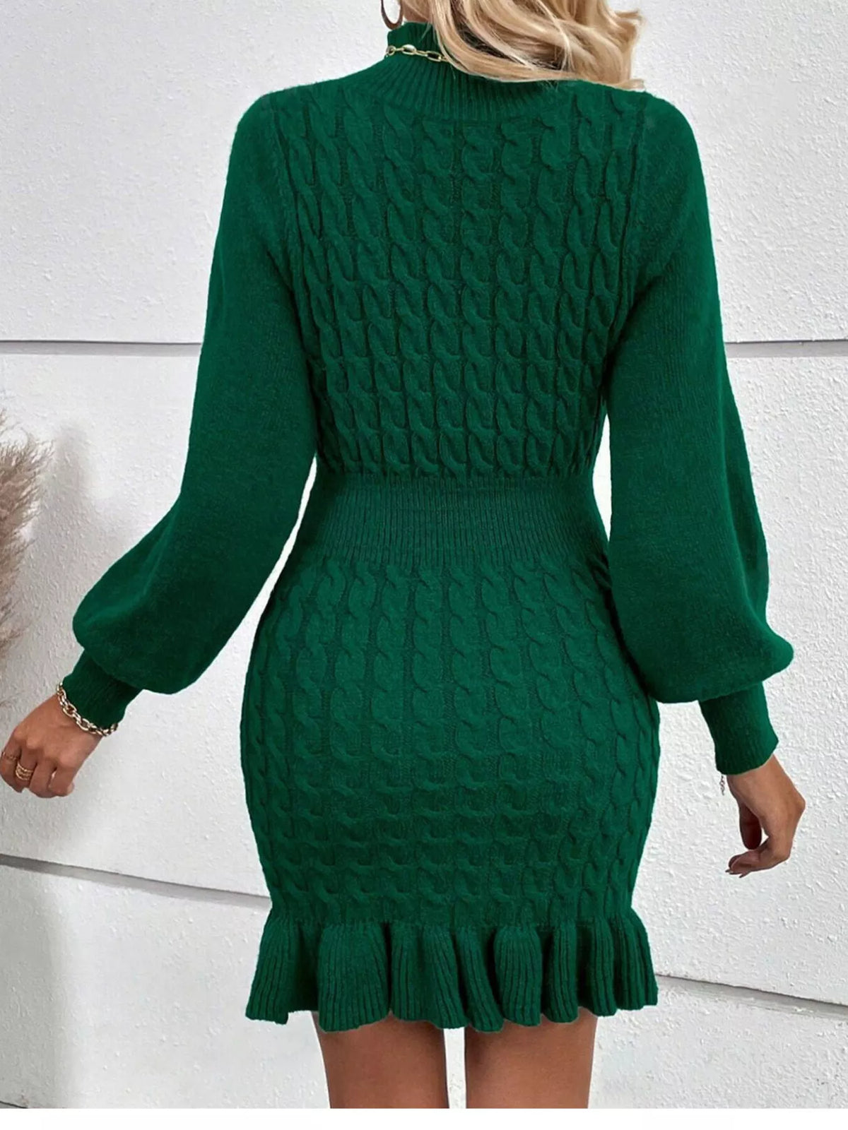 cable knit mock neck ruffle hem sweater dress | dropsona - neutral - packaging
