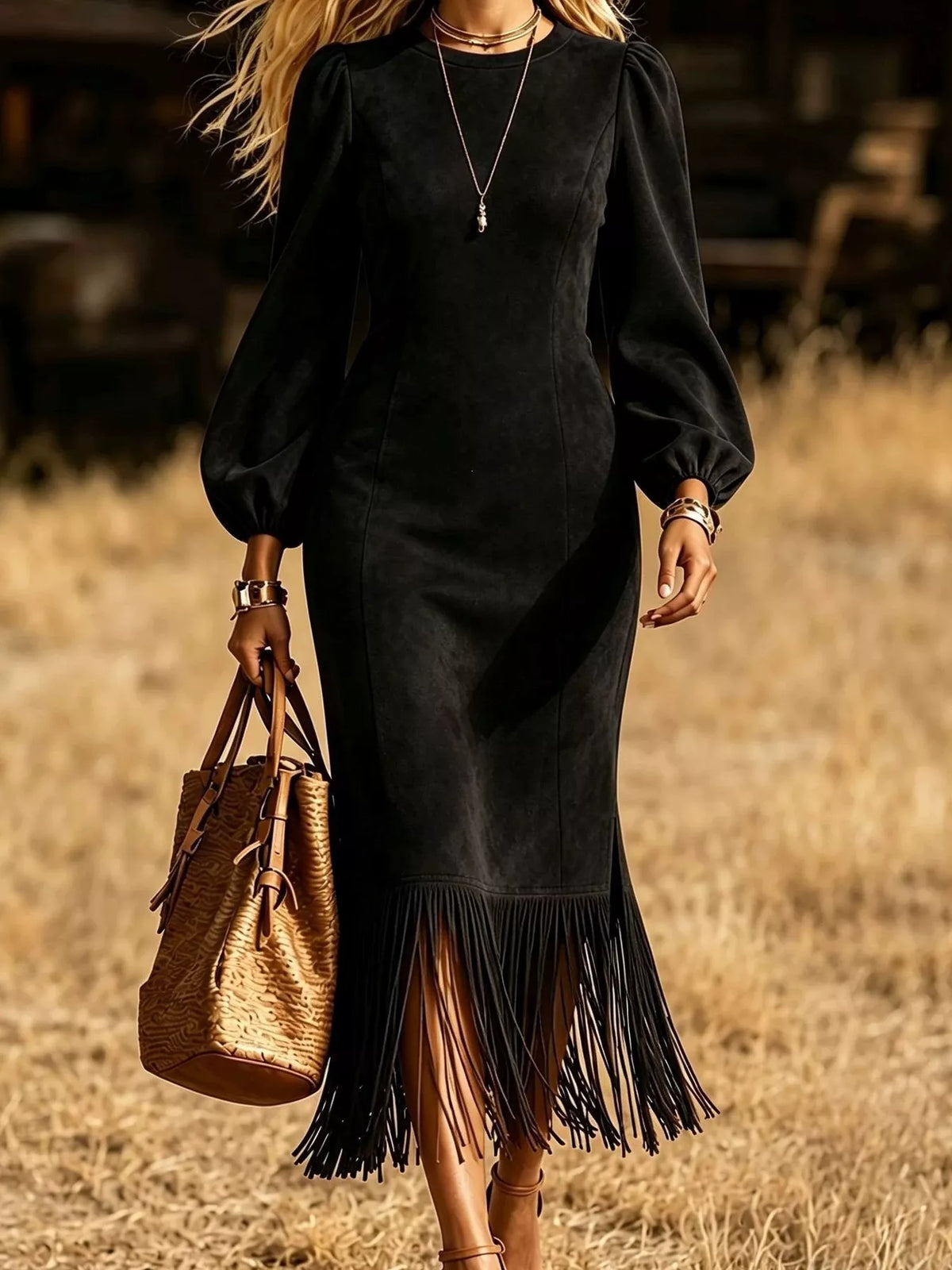 fringe round neck balloon sleeve dress – | dropsona - neutral - close-up detail