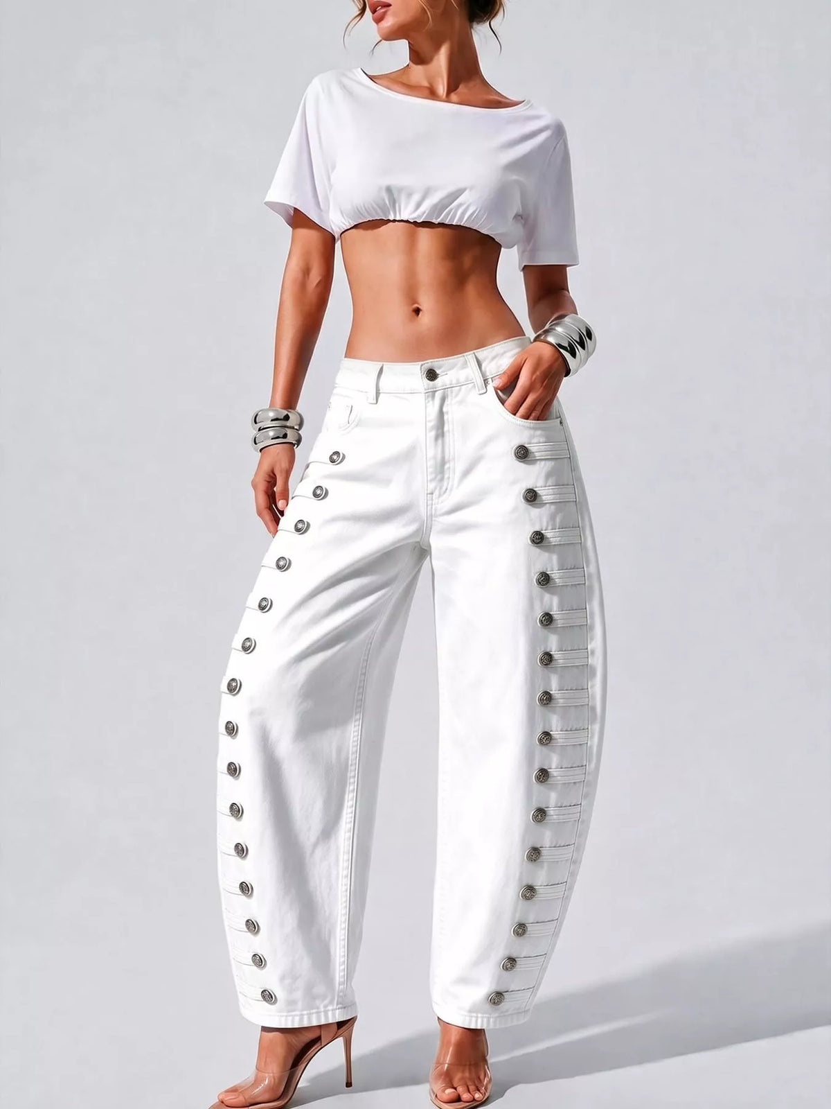 decorative button wide leg jeans – buttoned,pocketed | dropsona - neutral - close-up detail