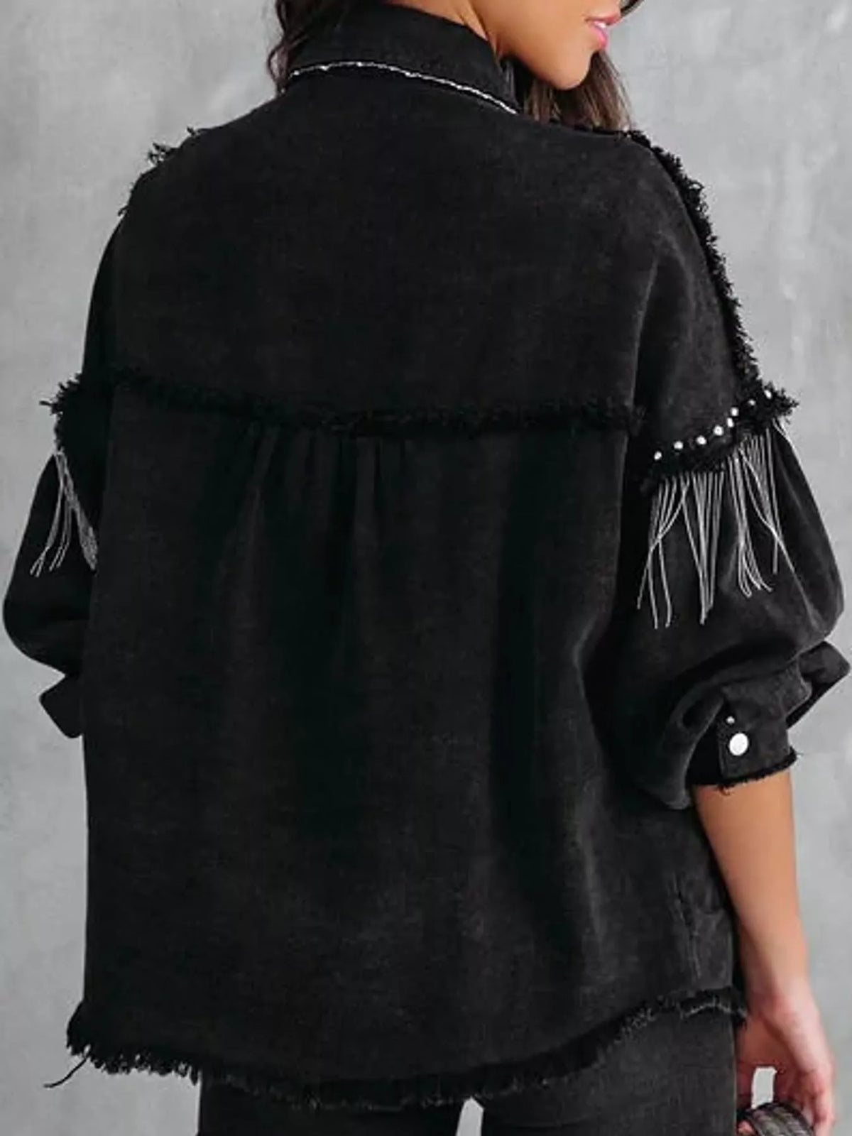 full size fringe embellished washed denim jacket plus | dropsona - neutral - material texture