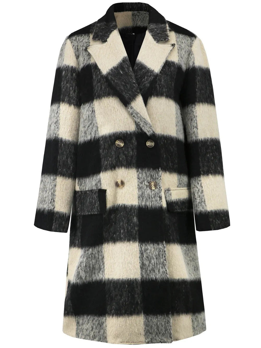 plaid double-breasted long sleeve coat – buttoned | dropsona - neutral - size reference