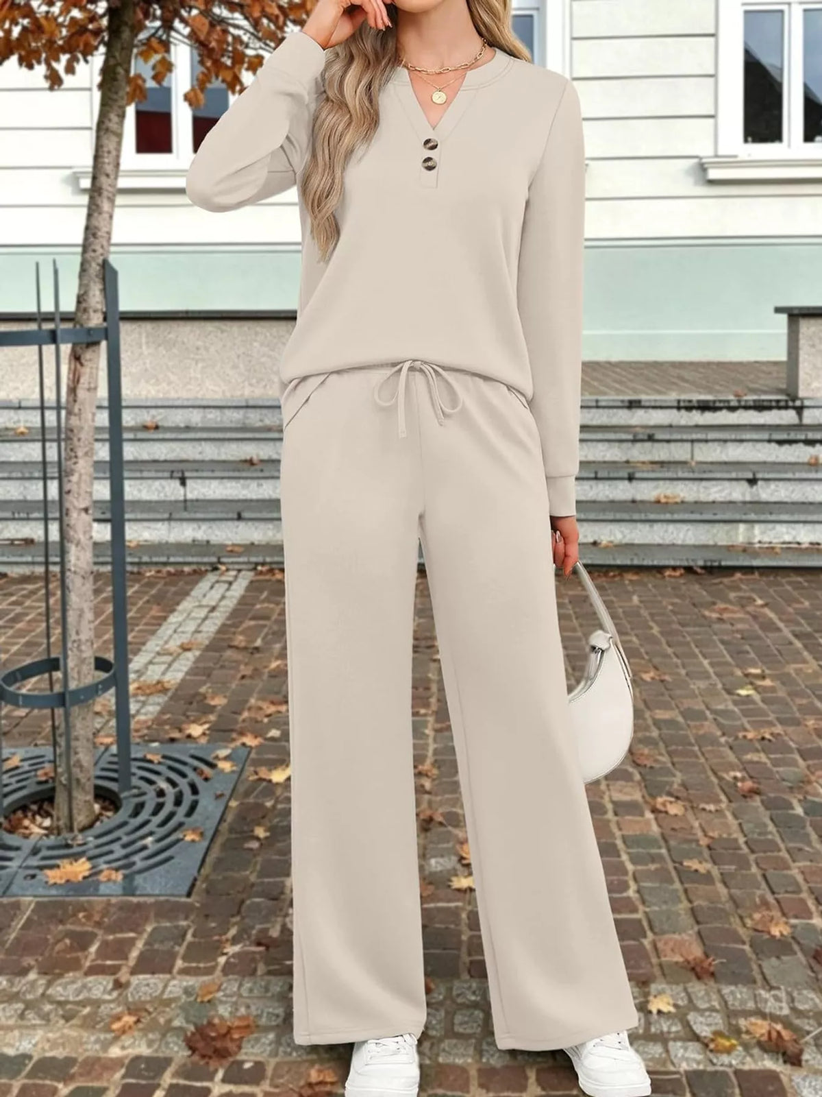 long sleeve top and wide-leg pants set | dropsona - neutral - everyday use