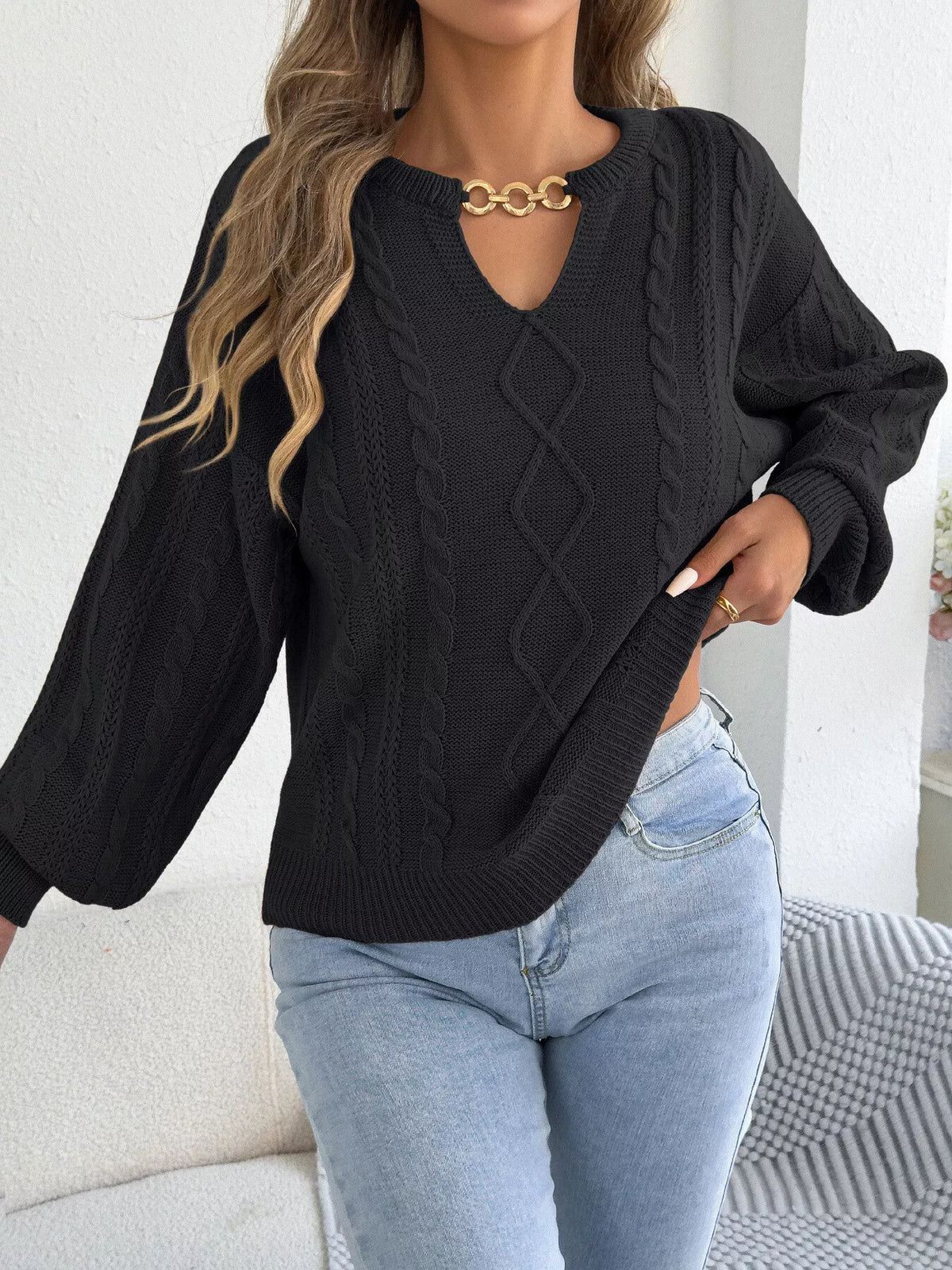 cable knit notched sweater – basic style | dropsona - neutral - size reference