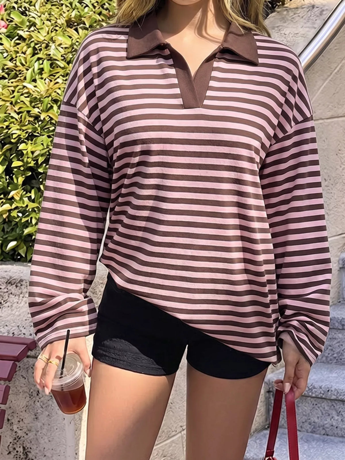 vintage striped polo collar long sleeve top | dropsona - neutral - material texture