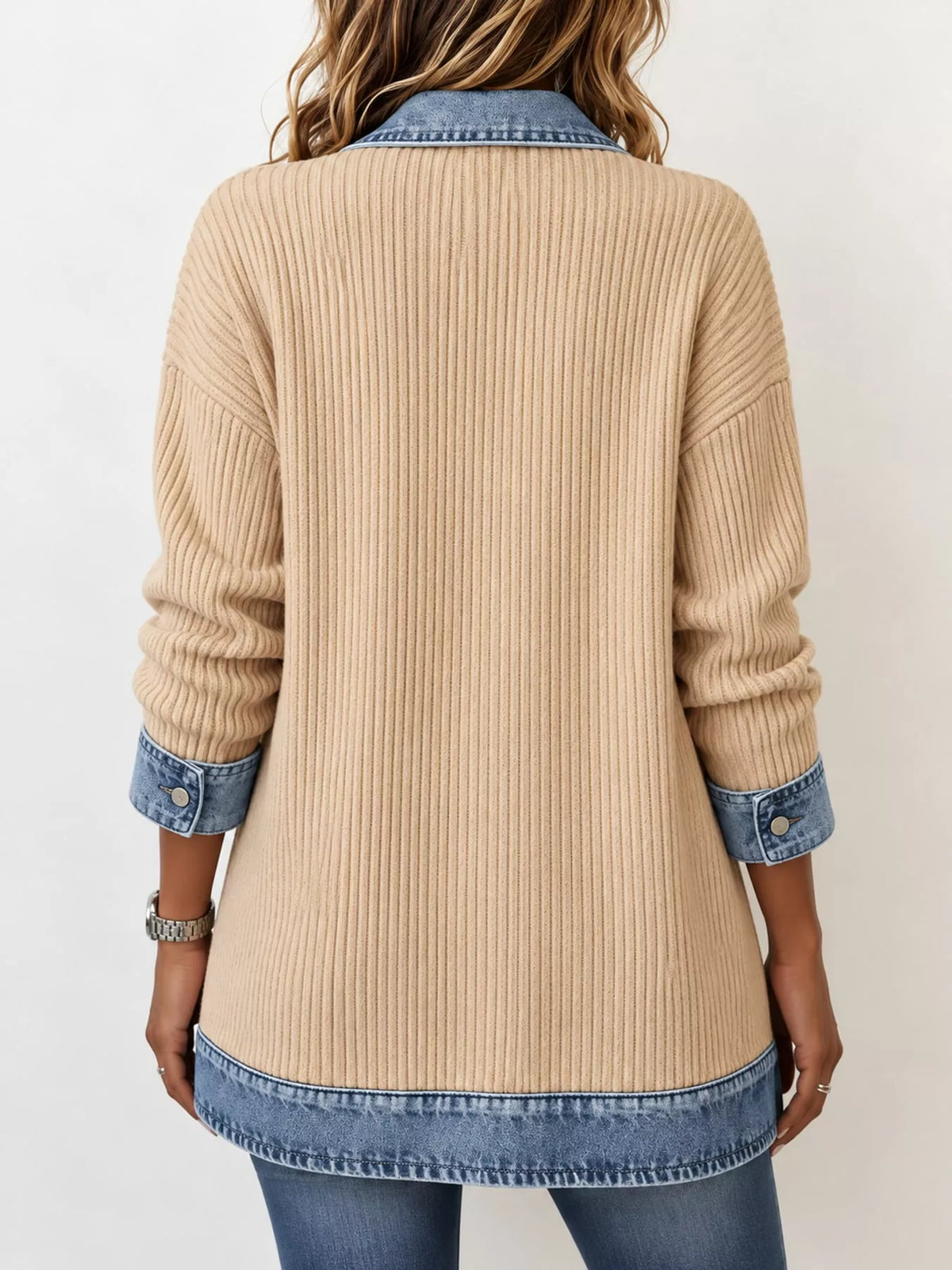 full size denim trim ribbed knit cardigan plus | dropsona - neutral - material texture