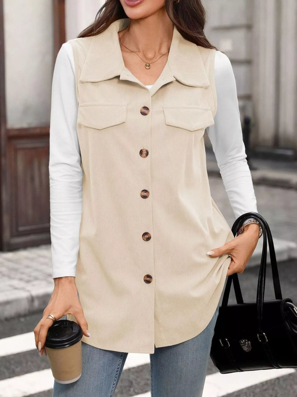 button-down utility vest coat | dropsona - neutral - front view