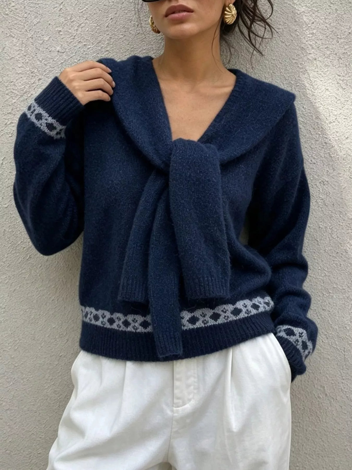 scarf detail dropped shoulder sweater – basic style | dropsona - neutral - close-up detail