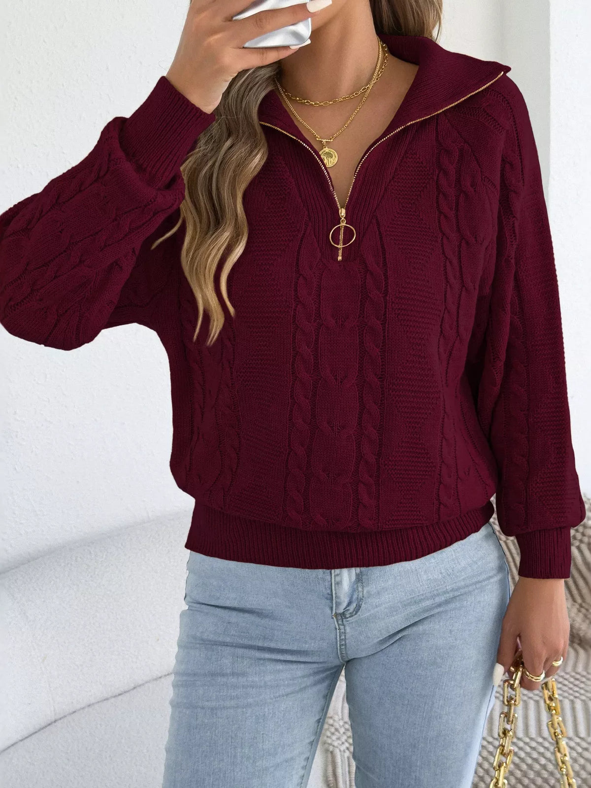quarter-zip cable knit sweater – cable-knit,zipper | dropsona - neutral - packaging
