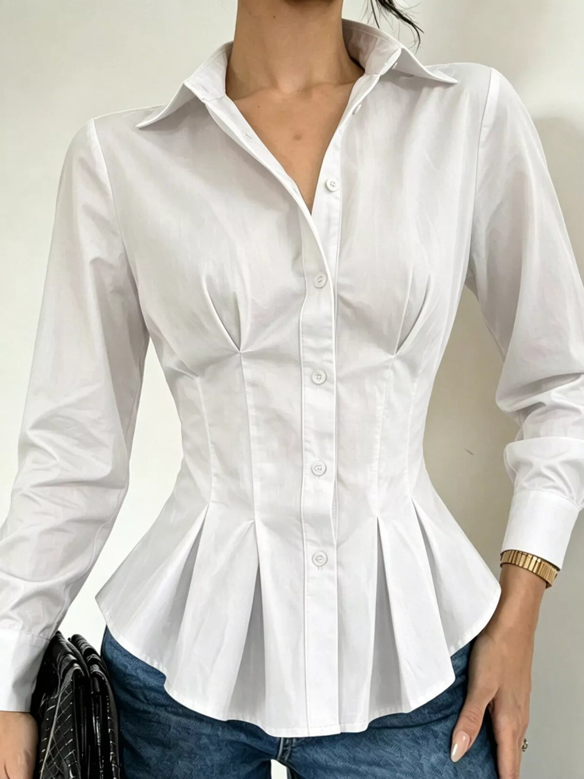 button-down peplum blouse with fitted waist | dropsona - neutral - front view