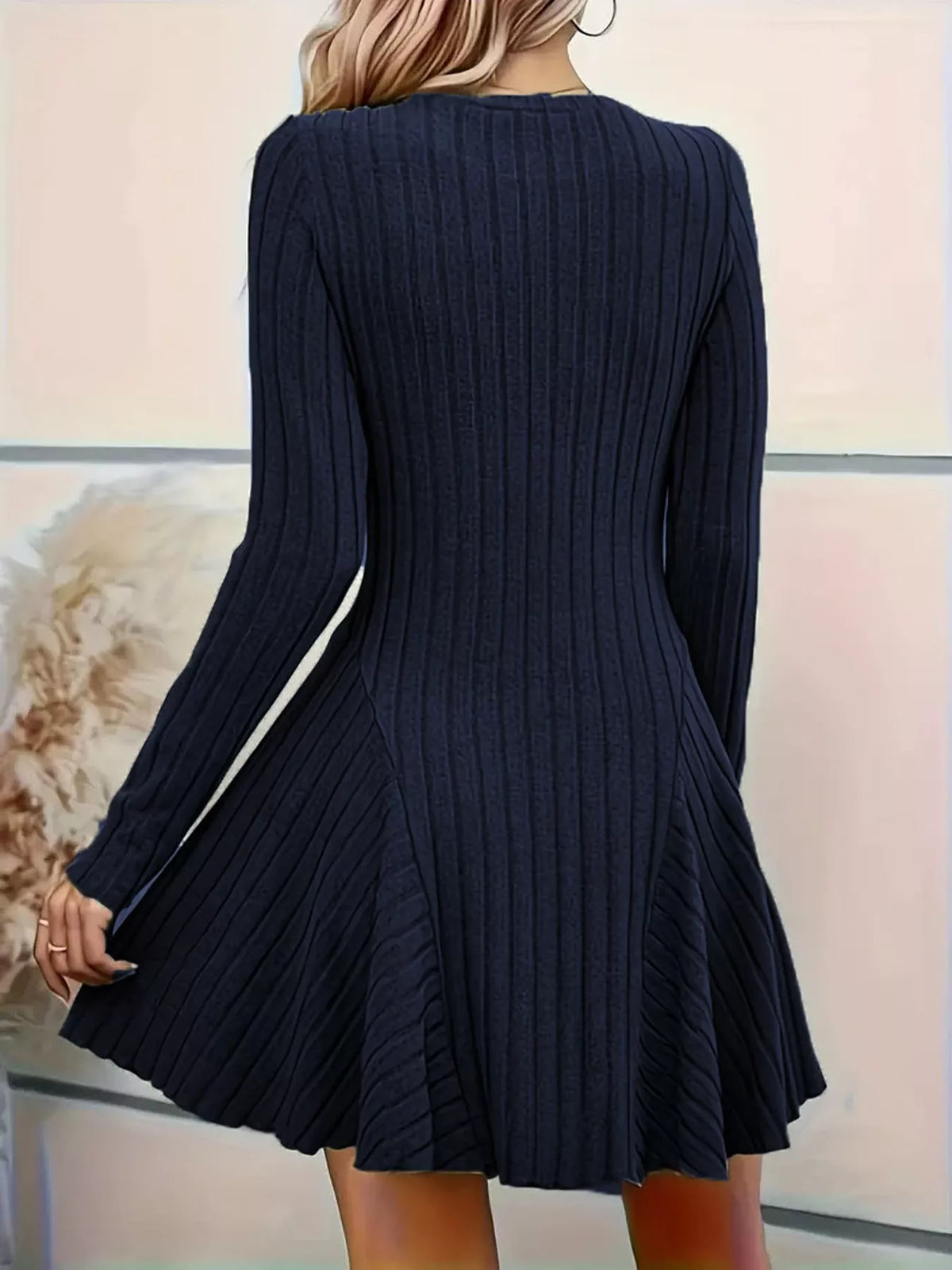 v-neck ribbed knit a-line dress – | dropsona - neutral - material texture