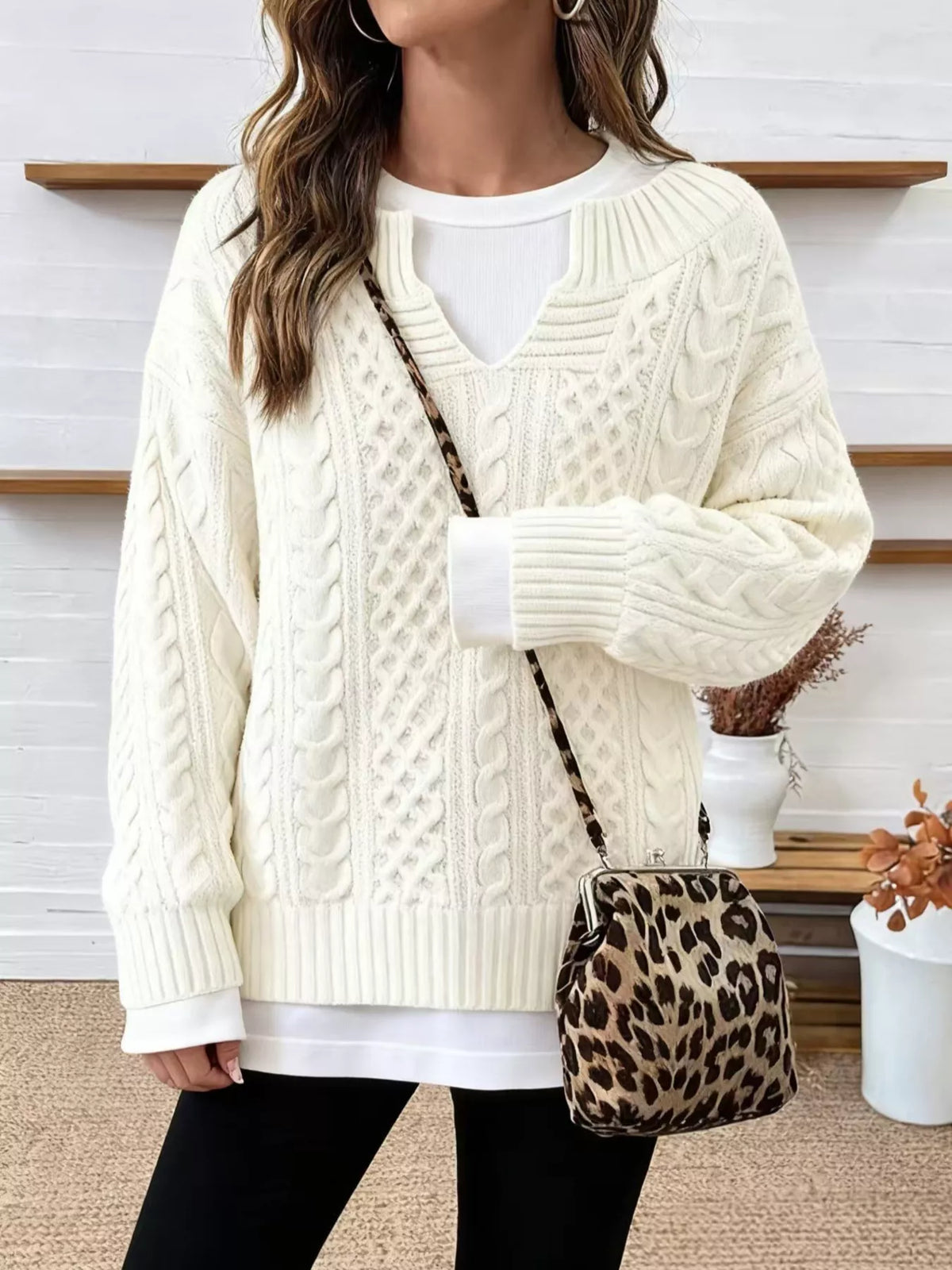 full size cable knit dropped shoulder sweater plus | dropsona - neutral - packaging