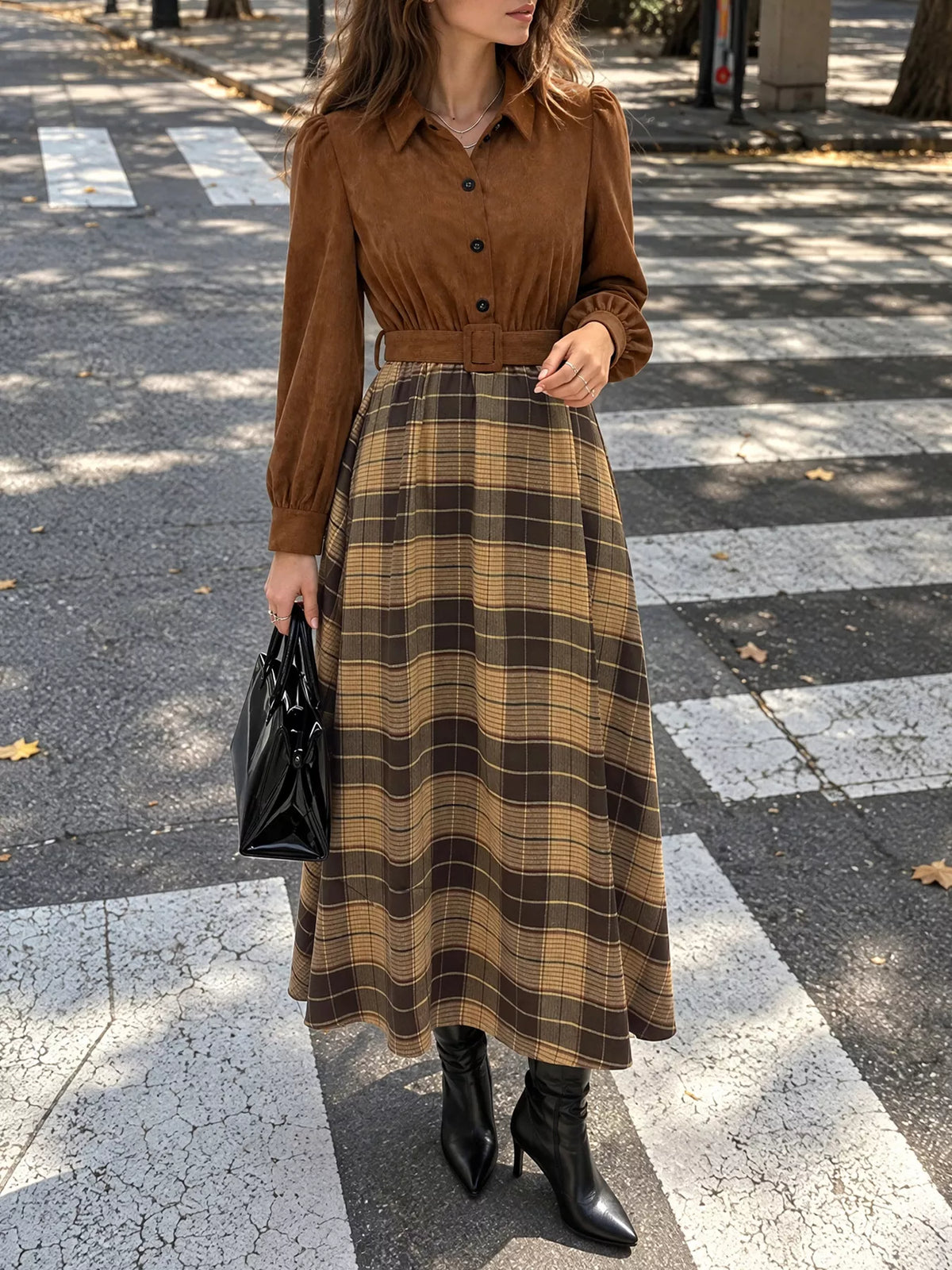 corduroy patchwork plaid midi dress – buttoned,belted | dropsona - neutral - everyday use