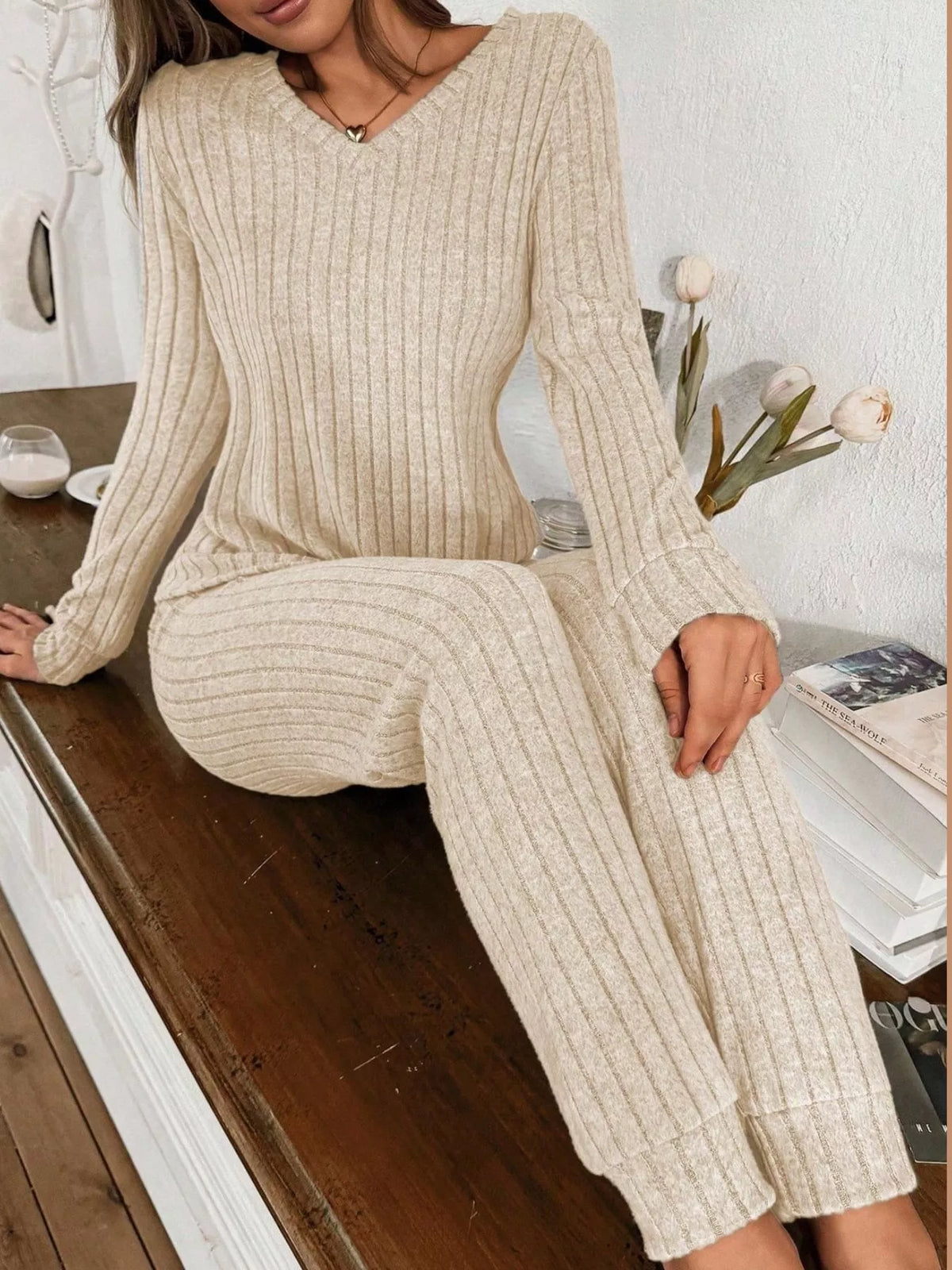 ribbed knit long sleeve top and pants loungewear set | dropsona - neutral - packaging