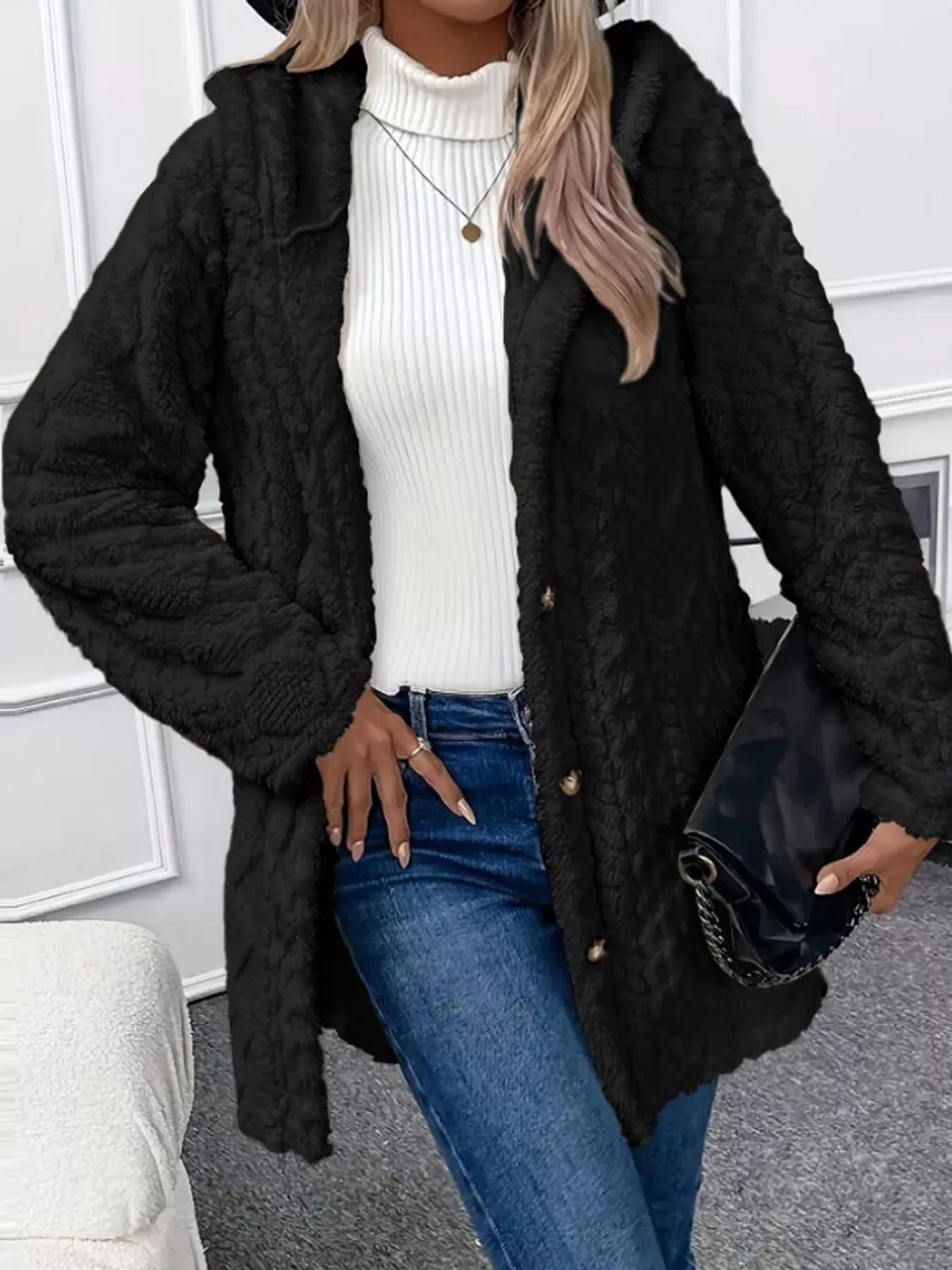 full size cozy cable-knit faux fur hooded outerwear | dropsona - neutral - front view