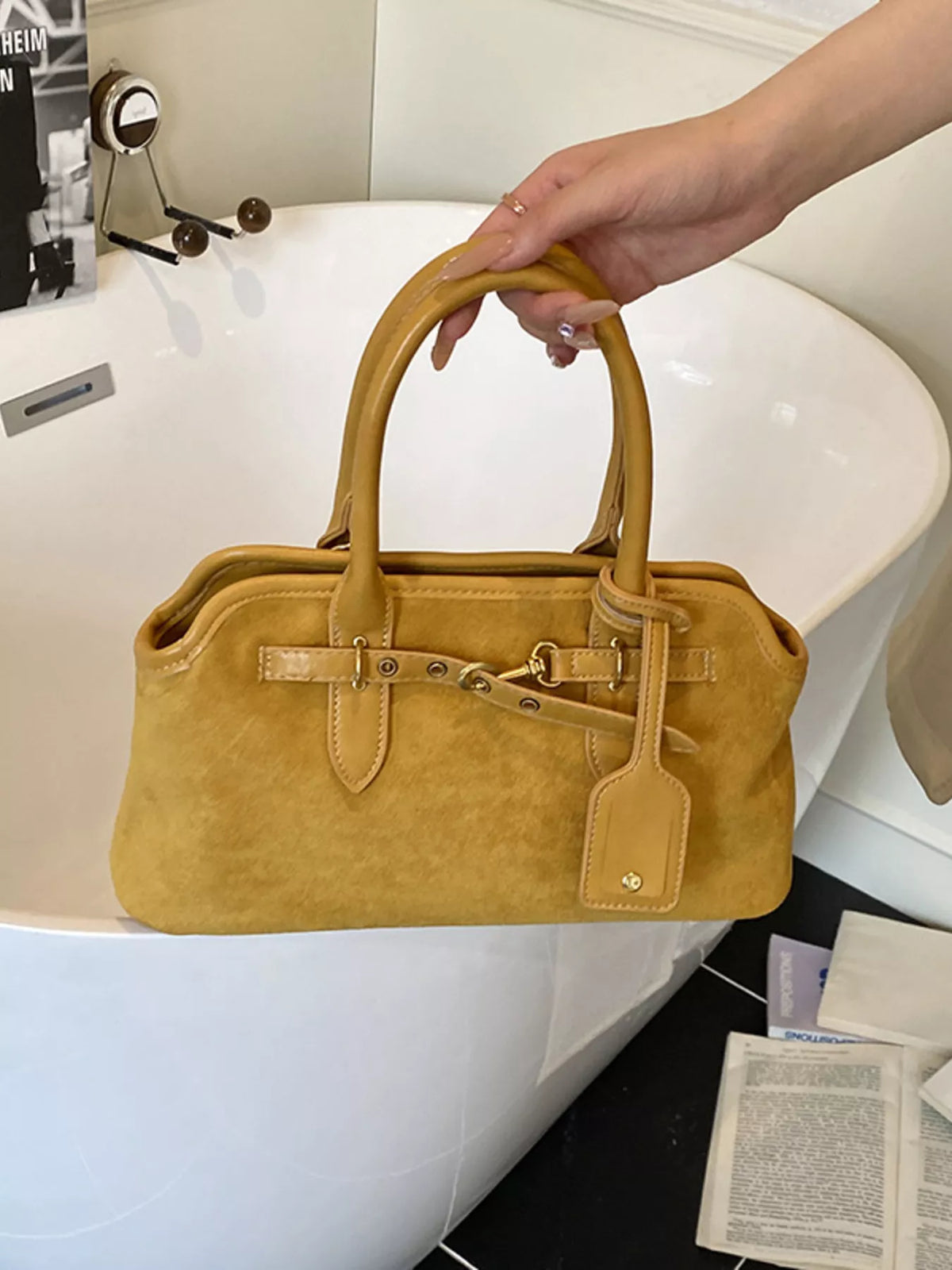 vintage buckle detail handbag – stylish sling | dropsona - neutral - close-up detail