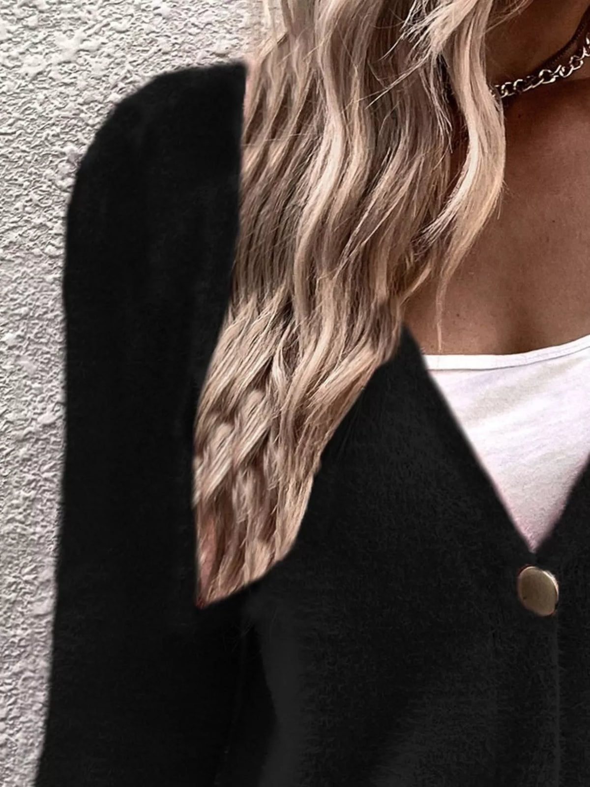 soft fuzzy v-neck button-down cardigan – buttoned | dropsona - neutral - size reference