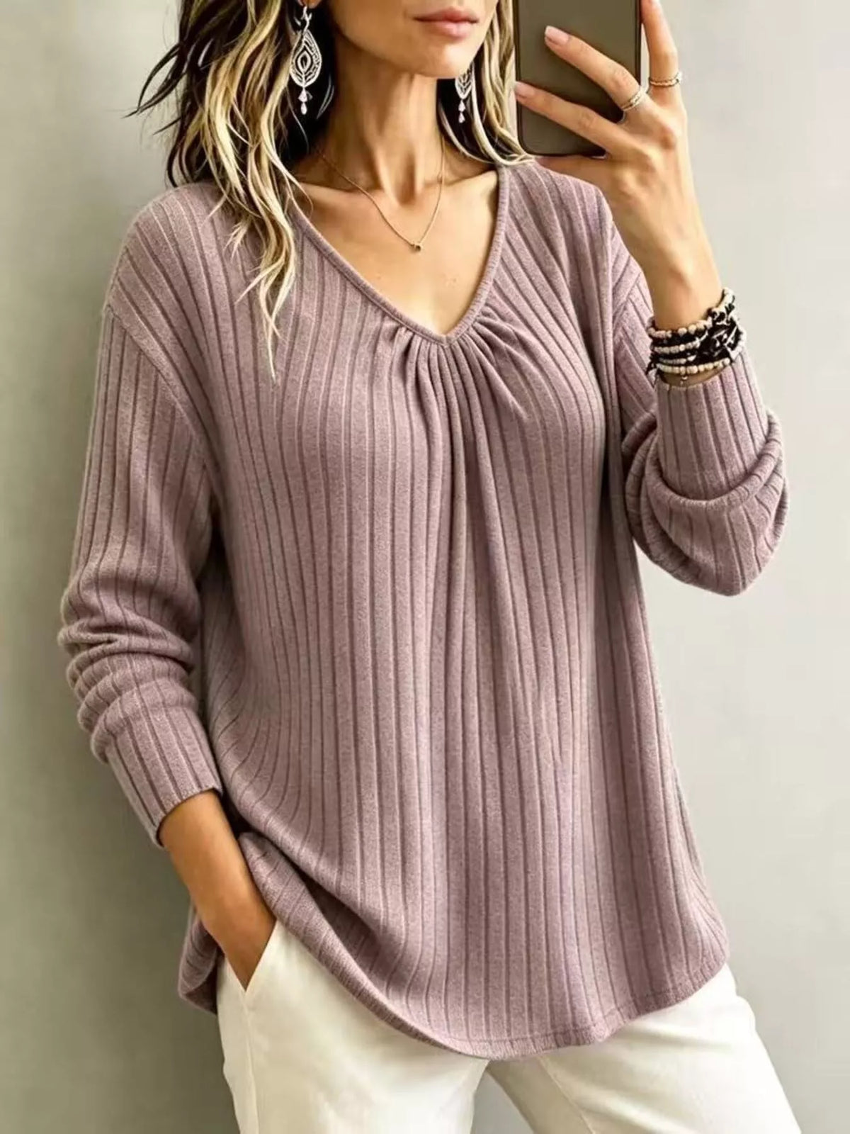 v-neck ribbed long sleeve t-shirt – | dropsona - neutral - material texture