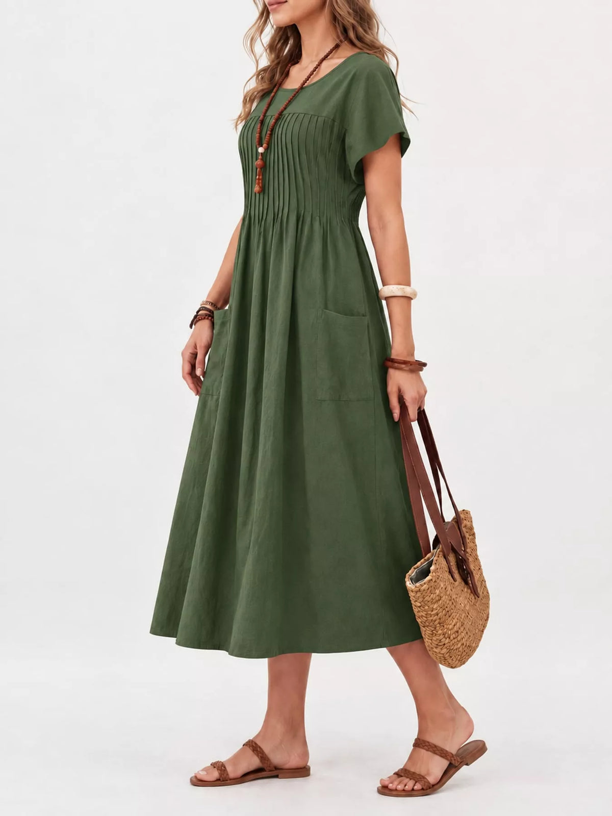 full size elegant pleated casual midi dress with | dropsona - neutral - packaging