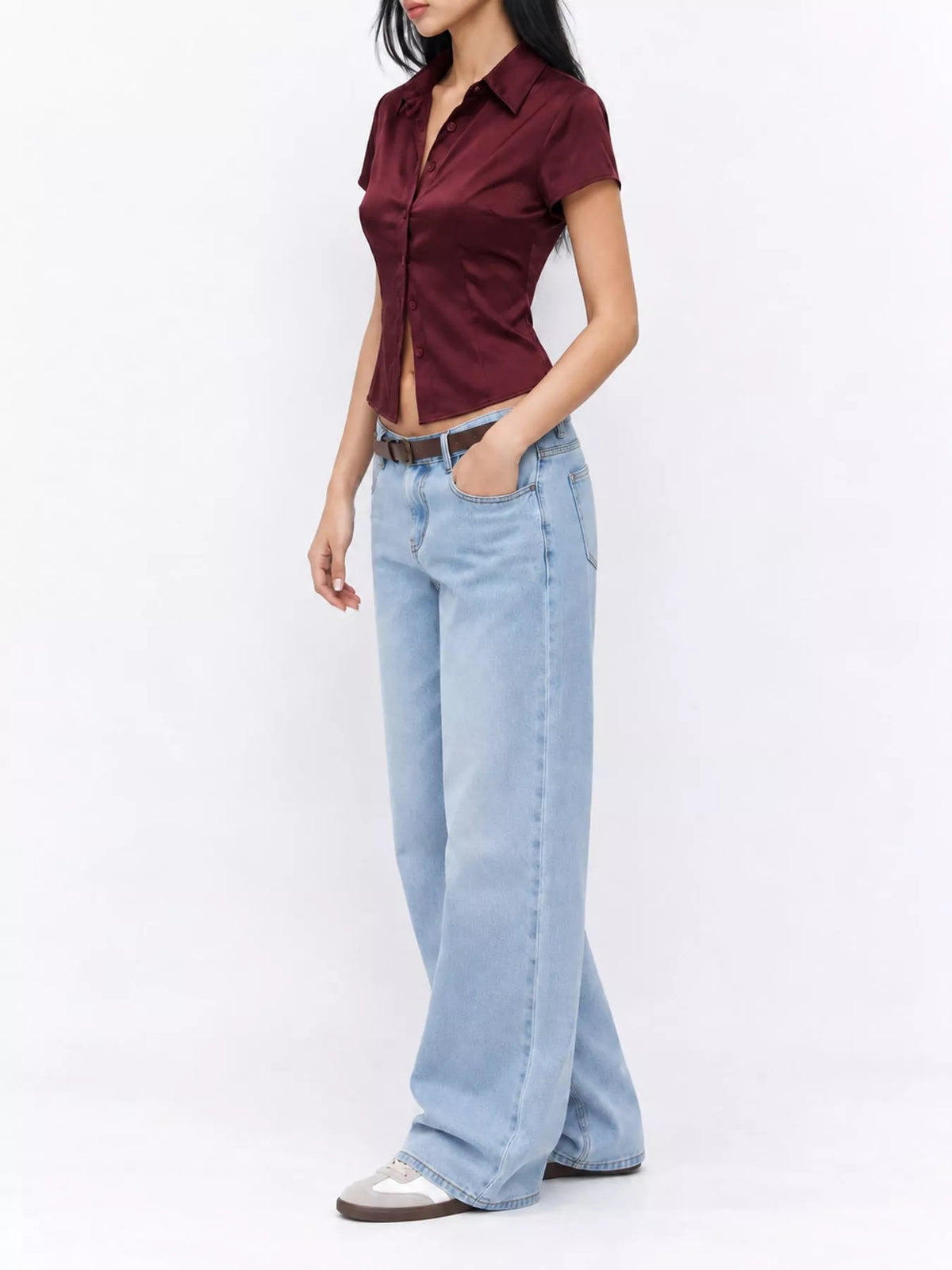 satin short sleeve button-down shirt | dropsona - neutral - front view