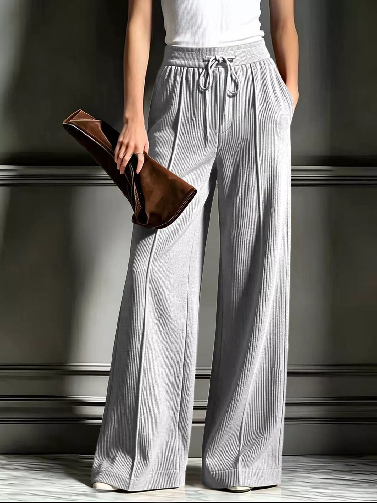 high-waisted wide-leg ribbed corduroy pants | dropsona - neutral - close-up detail