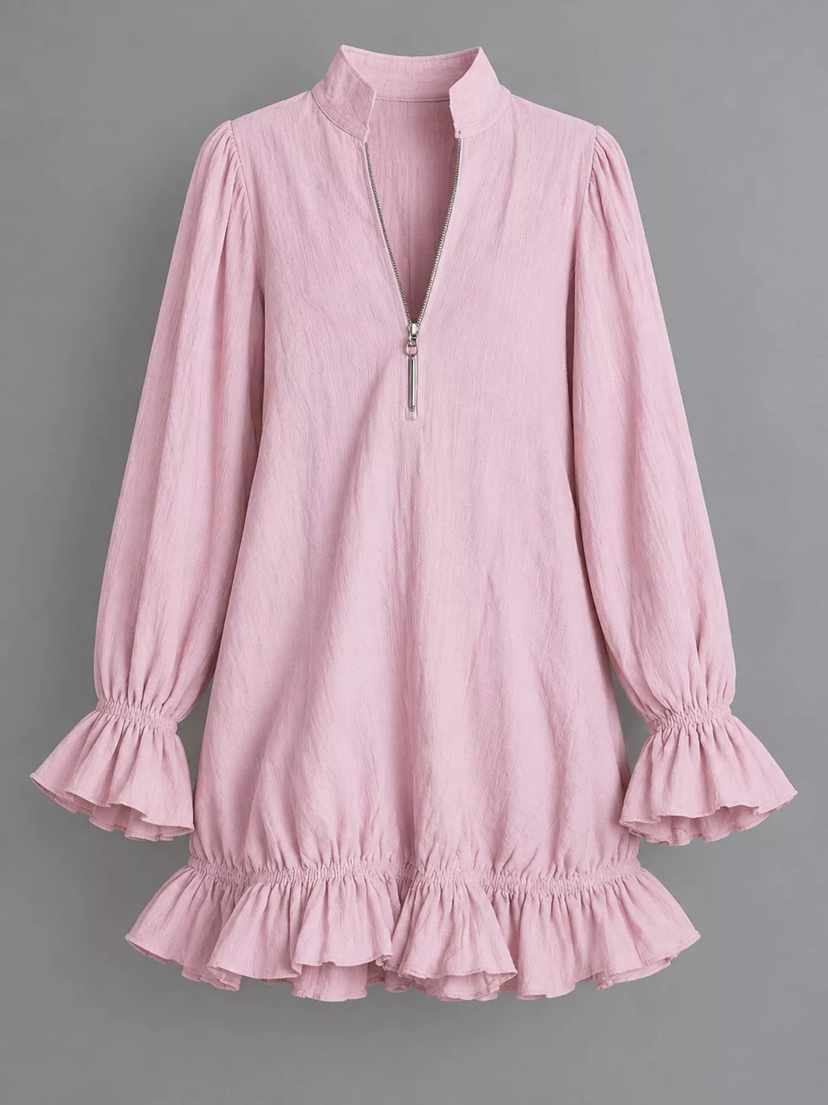 zipper-front ruffle hem mini dress – zipper, ruffled | dropsona - neutral - size reference