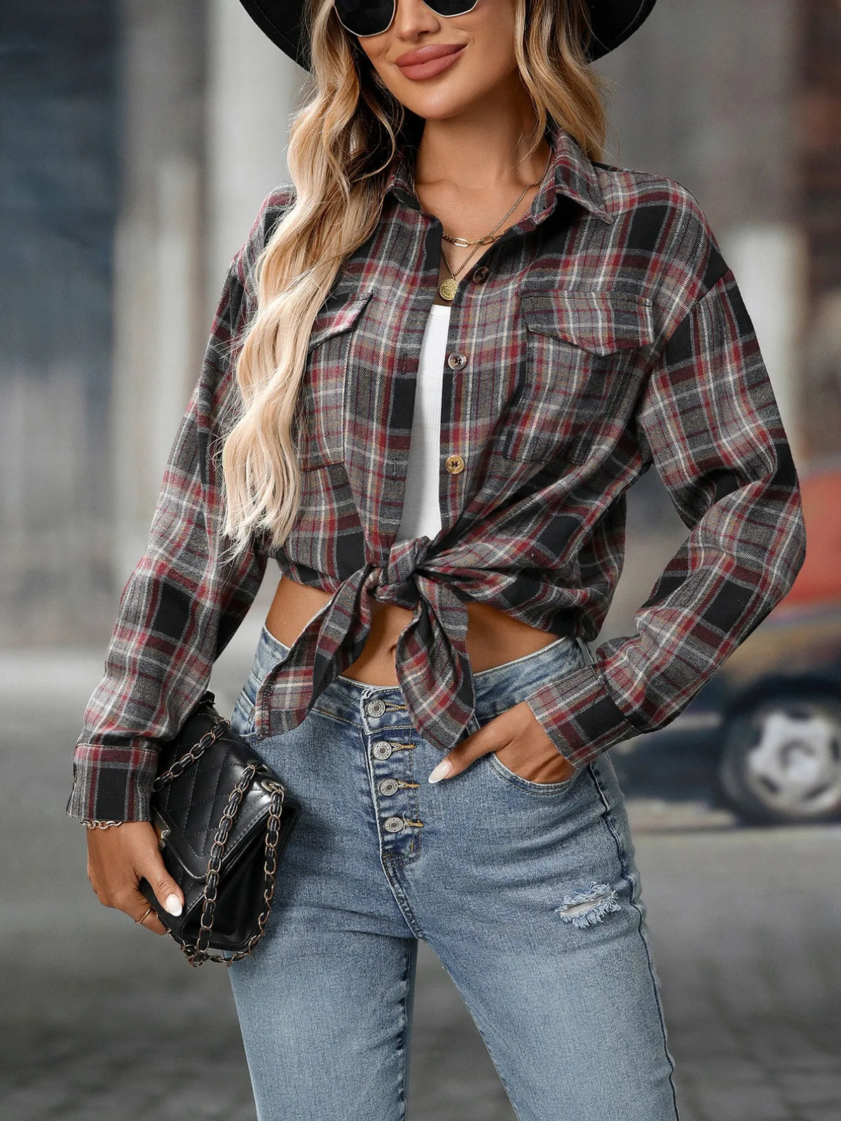 oversized plaid button-up shirt - front view