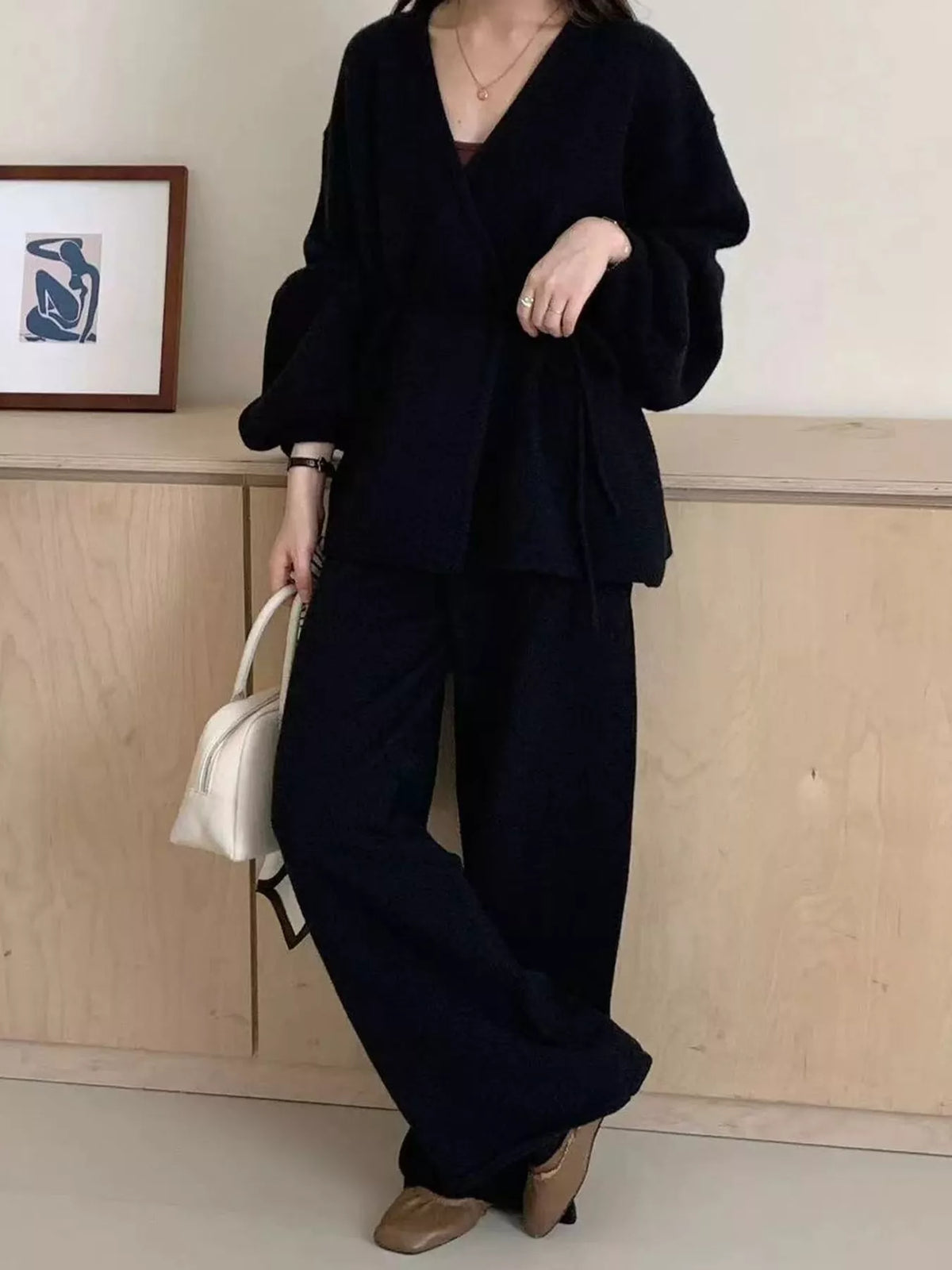 elegant v-neck wrap cardigan and wide-leg pants | dropsona - neutral - close-up detail