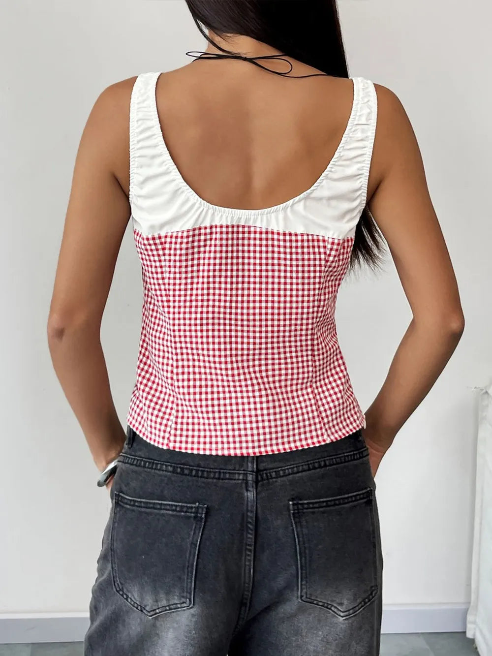 perfee contrast plaid square neck tank - size reference