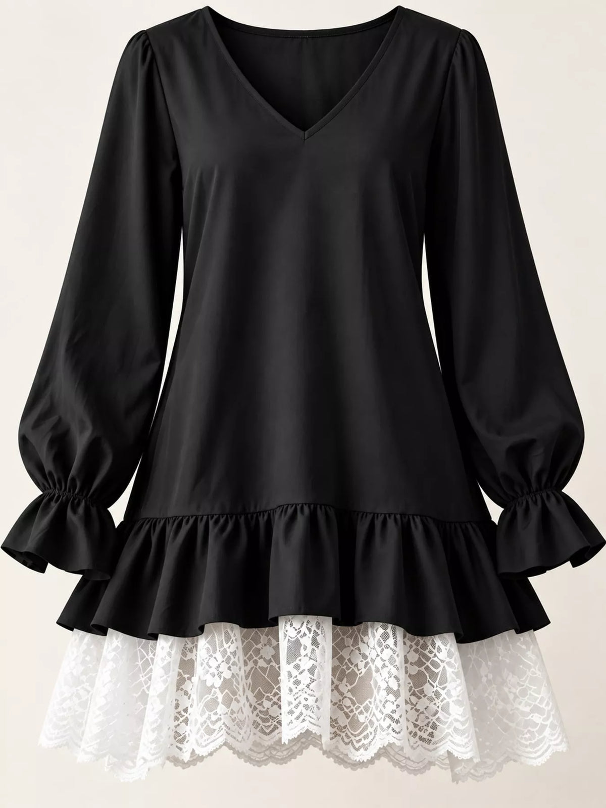 lace hem v-neck flounce sleeve dress | dropsona - neutral - packaging