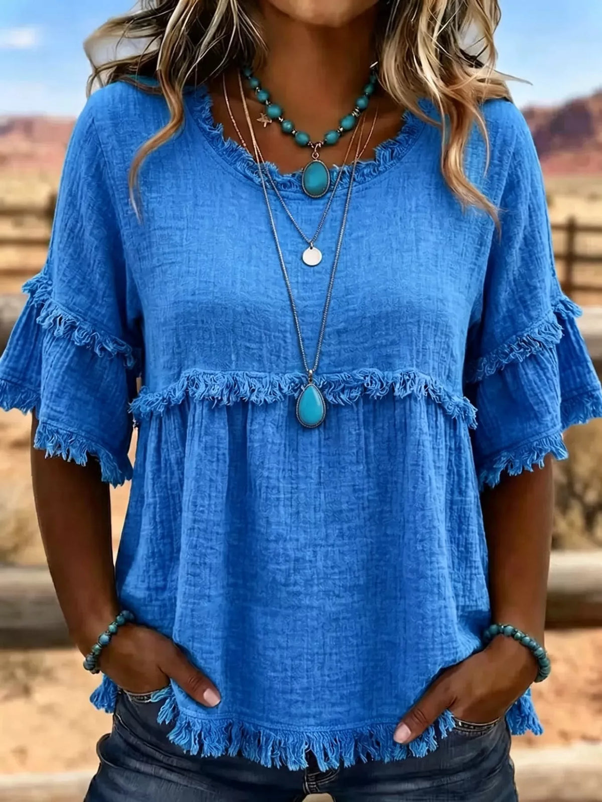 full size frayed edge textured blouse plus | dropsona - neutral - material texture