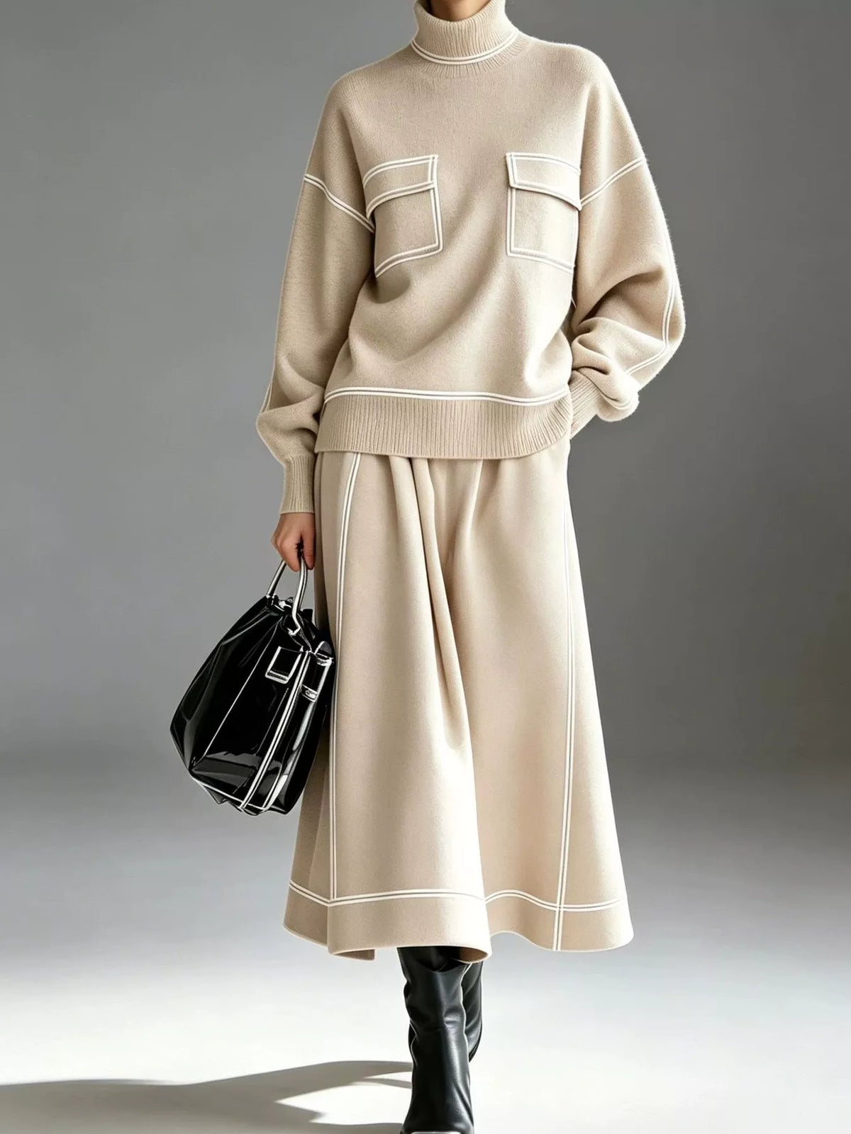 turtleneck knit top and midi skirt set | dropsona - neutral - size reference