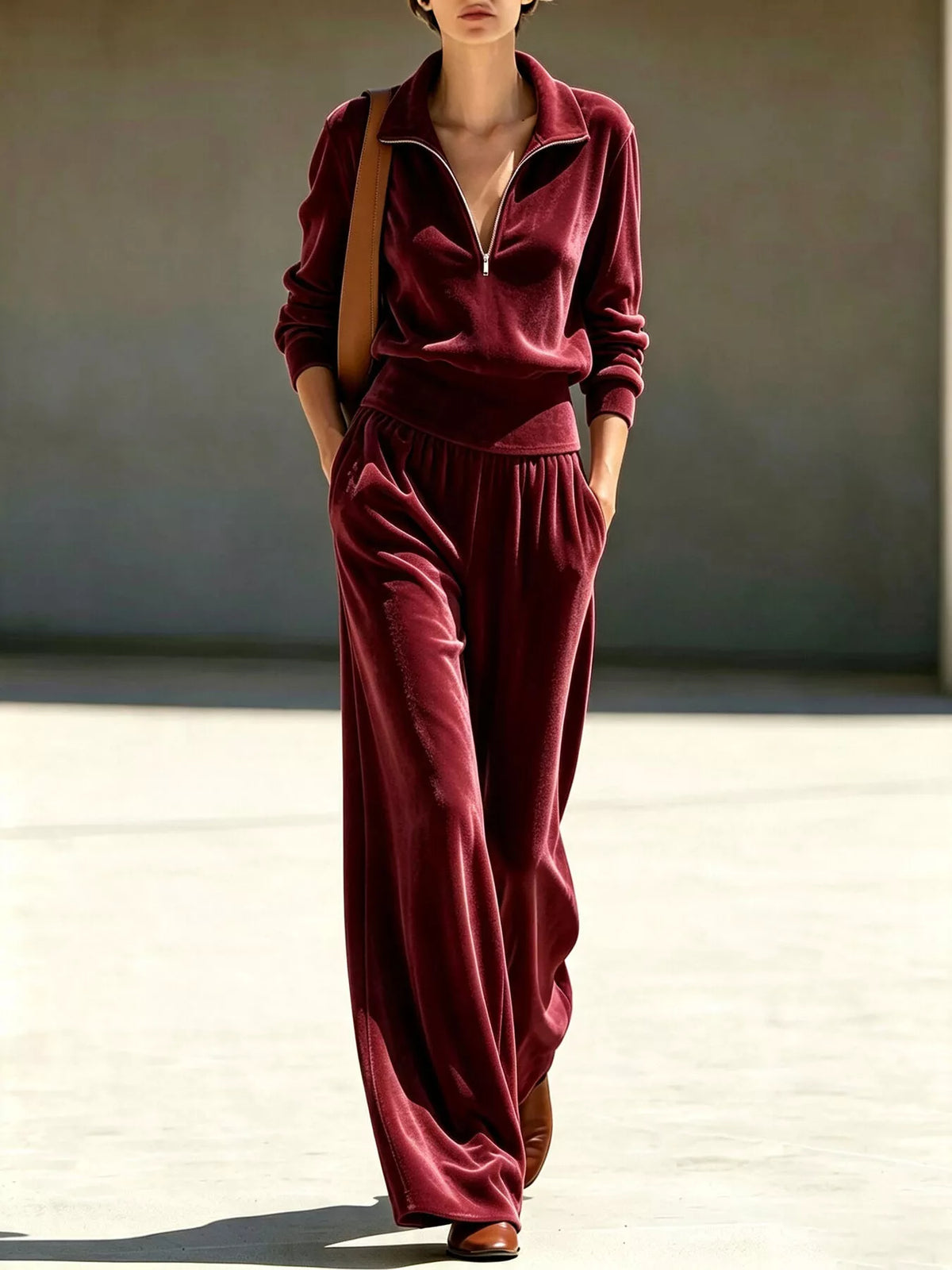 full size quarter-zip top and wide-leg pants set plus | dropsona - neutral - size reference