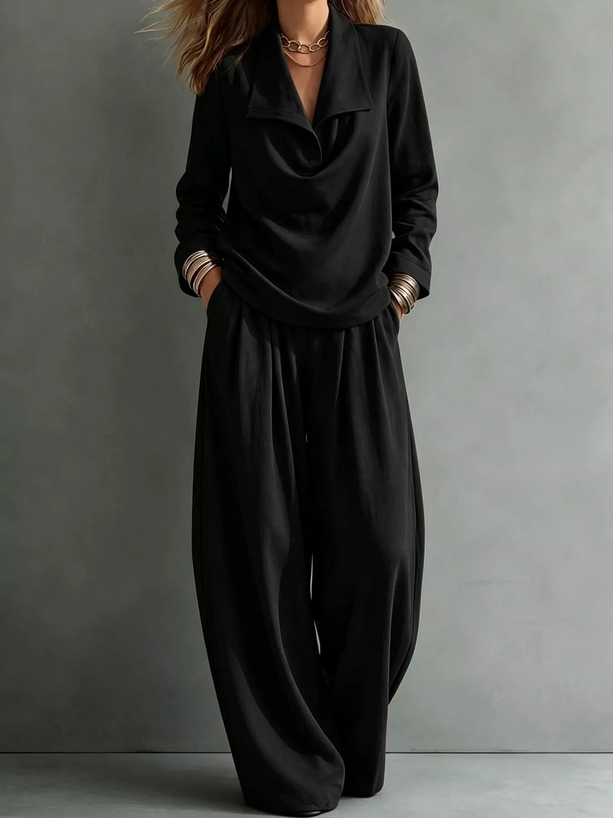full size casual elegant top and wide-leg pants set | dropsona - neutral - size reference
