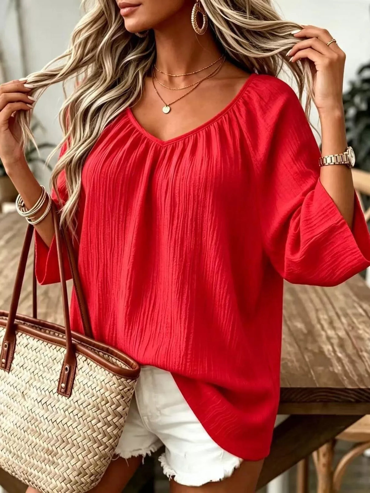 full size textured v-neck casual t-shirt plus | dropsona - neutral - material texture