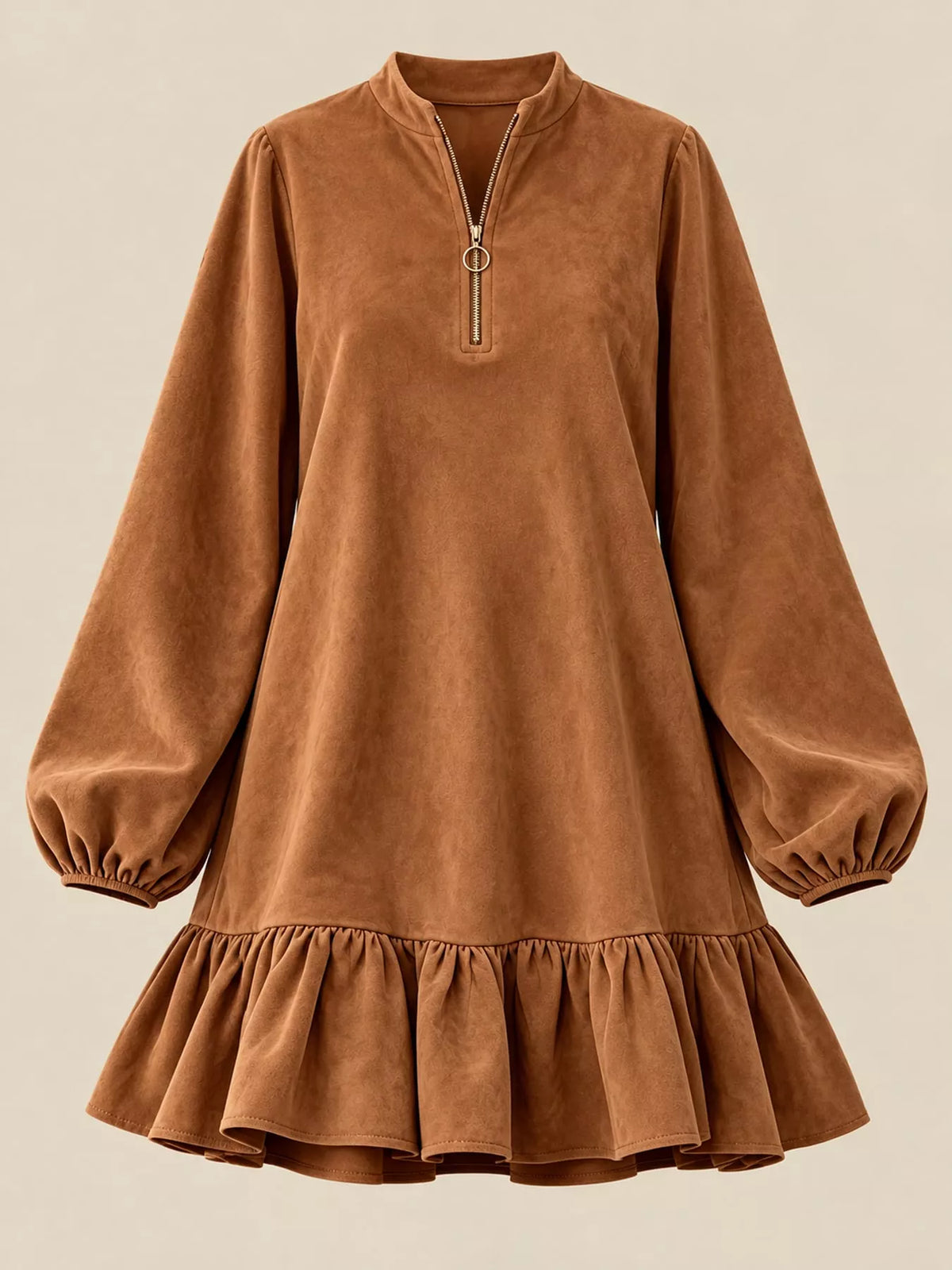 quarter-zip ruffle hem mini dress | dropsona - neutral - packaging