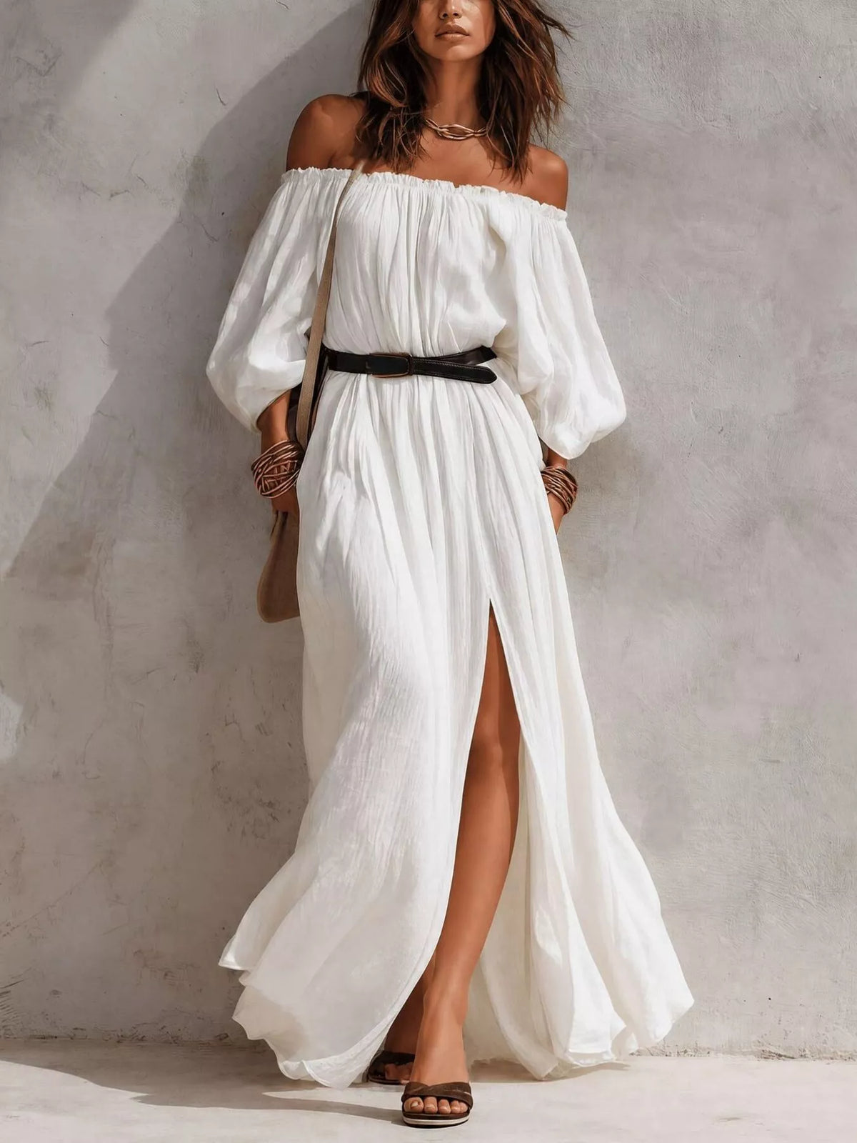 boho off-shoulder maxi dress with side slit | dropsona - neutral - packaging