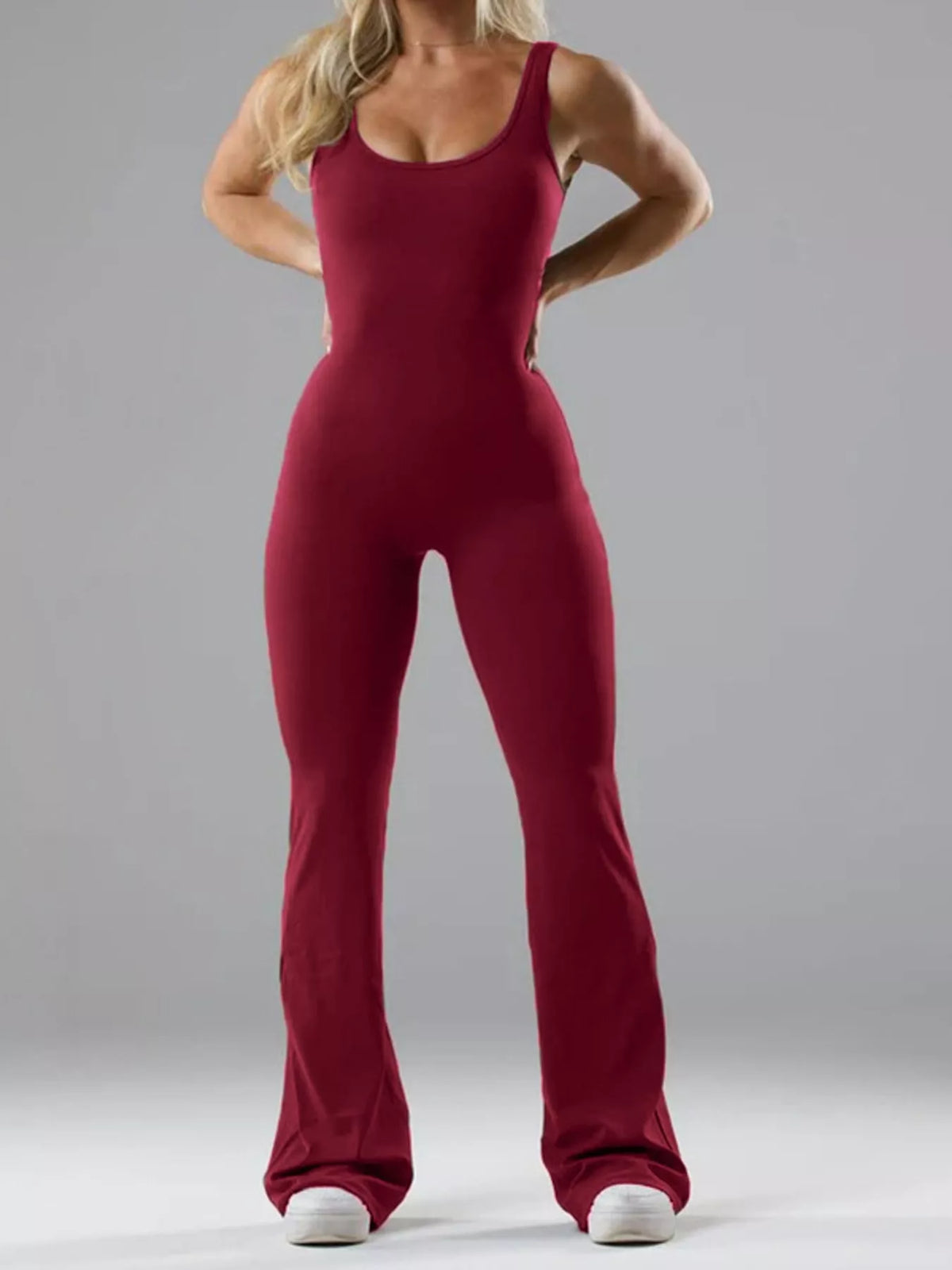 seamless scoop neck active jumpsuit with flared leg | dropsona - neutral - material texture